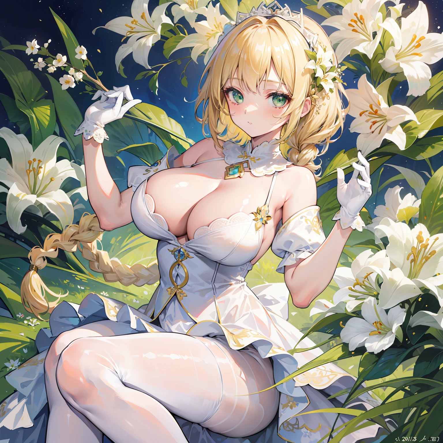 Best quality at best，highly  detailed，tmasterpiece，ultra - detailed，独奏，（1girll），（Elaborate Eyes），（white backgrounid：1.3），Lily_\（florals\），Blonde hair，Green eyes，White gloves，lacepantyhose,Double up braid, shift dresses,Bare breasts，Huge breasts