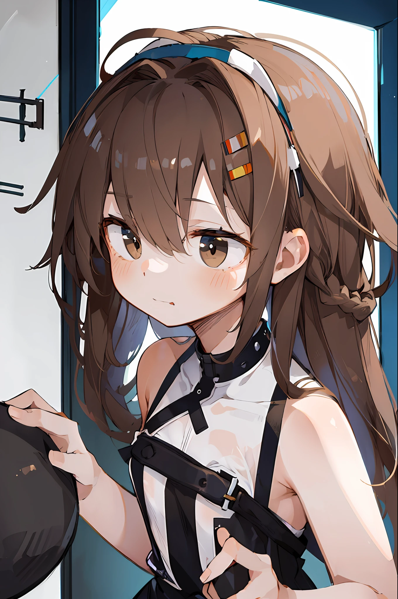 (Masterpiece, Best Quality:1.3), 1Girl, :<, Small breasts, (covered , Nipple erection:0.8), indoor, (Sandy Brown Colored Hair, Long-layered hair:1.32), Black eyes, sound, fang, random clothes