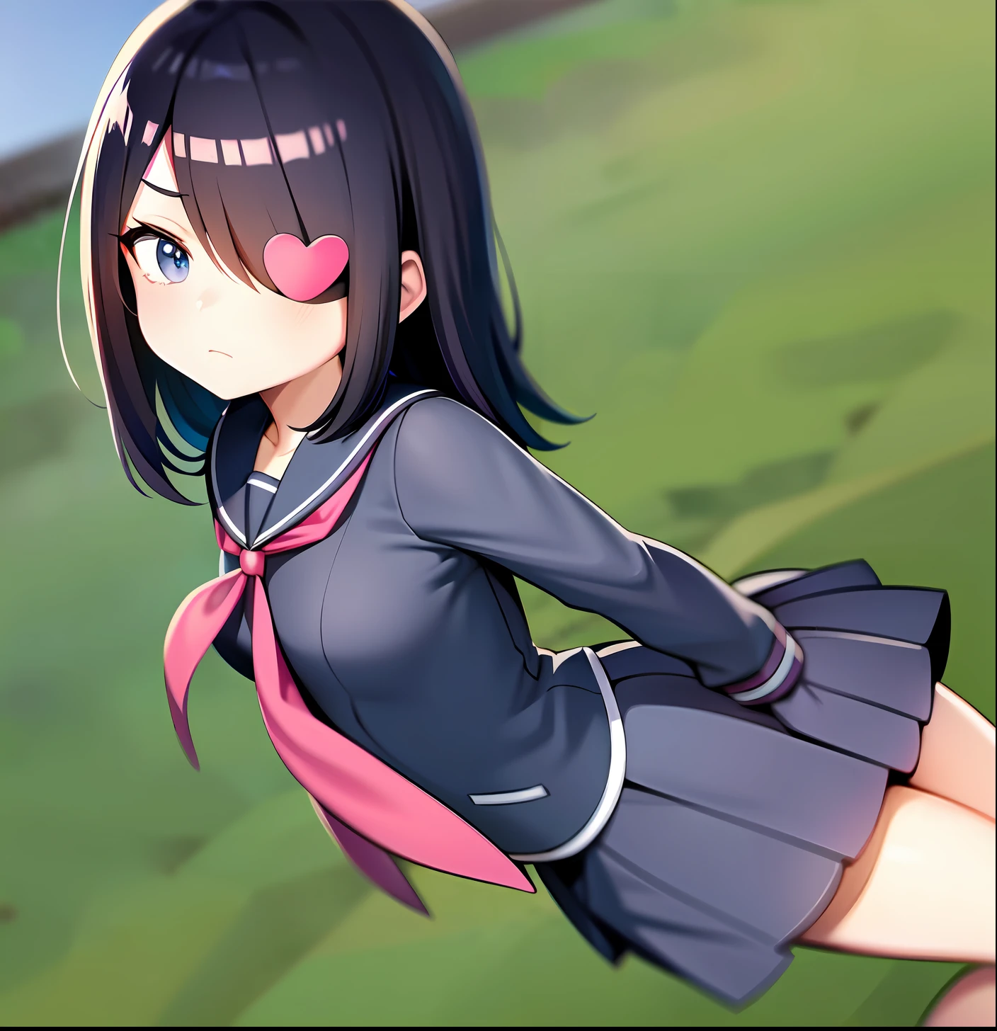 Cartoon girl in school uniform，arms folded, an anime drawing by Jin Homura, Pisif, serial art, Anime moe art style, Yandere, gapmoe yandere, Yandere, anime visual of a cute girl, in an anime style, Cute anime girl, (Anime girl), Purple-black hair，Wear a white square eye patch over the right eye，Wear a white square eye patch，Perspective pull-in，Big face，The lens is close to the face，The face is rounded，