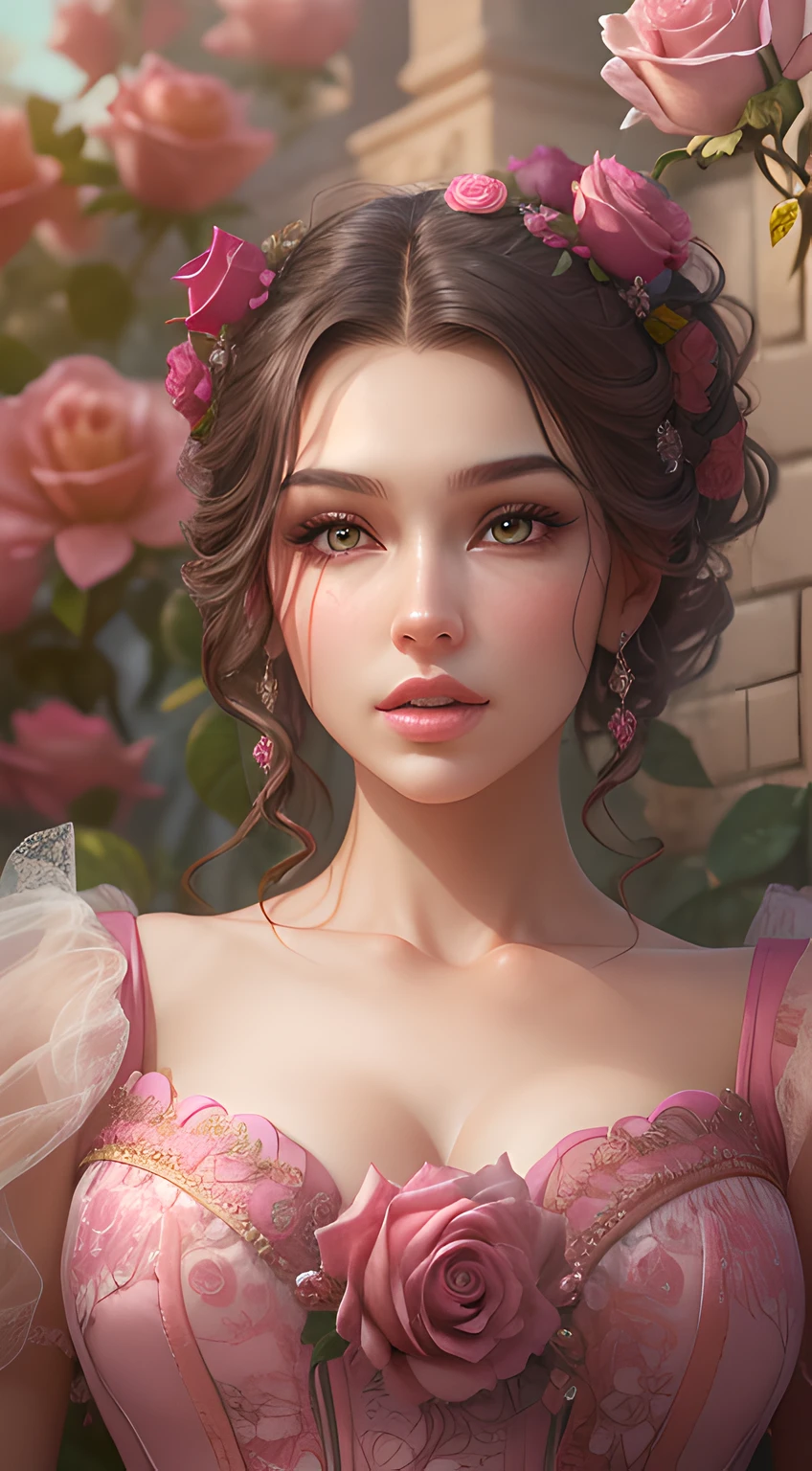 This is realistic fantasy artwork set in the castle's enchanted rose garden. Generate a proud woman with a highly detailed face dressed in the billowing folds of a stunning French silk ballgown. The woman's sweet face is ((((highly detailed, with realistic features and soft, puffy lips.)))) The ballgown is embellished with ruffles, sashes, and bows and a delicately, but intricately, hand-embroidered bodice. The corset features silk ribbon. The woman's stunning eyes are beautifully detailed, featuring realistic shading and multiple colors and high resolution. The woman is in a garden of eternal roses, each one beautifully formed and highly detailed. These realistic roses feature shimmering shades of pink, yellow, orange, and glimmering red. The eternal rose is a deep shade of red with shimmering pink overtones and undertones. Ensure that the woman's face, hair, and eyes are perfect. realism, high fantasy, whimsical fantasy, storybook fantasy, fairytale fantasy, fantasy details, enchanting, bewitching, 8k, hires, cgi, digital painting, unity, unreal engine, (((masterpiece))), intricate, elegant, highly detailed, majestic, digital photography, art by artgerm and ruan jia and greg rutkowski, (masterpiece, finely detailed beautiful eyes: 1.2), hdr, realistic skin texture, (((1woman))), (((solo))), Include a highly detailed face, extremely detailed face, and interesting background.