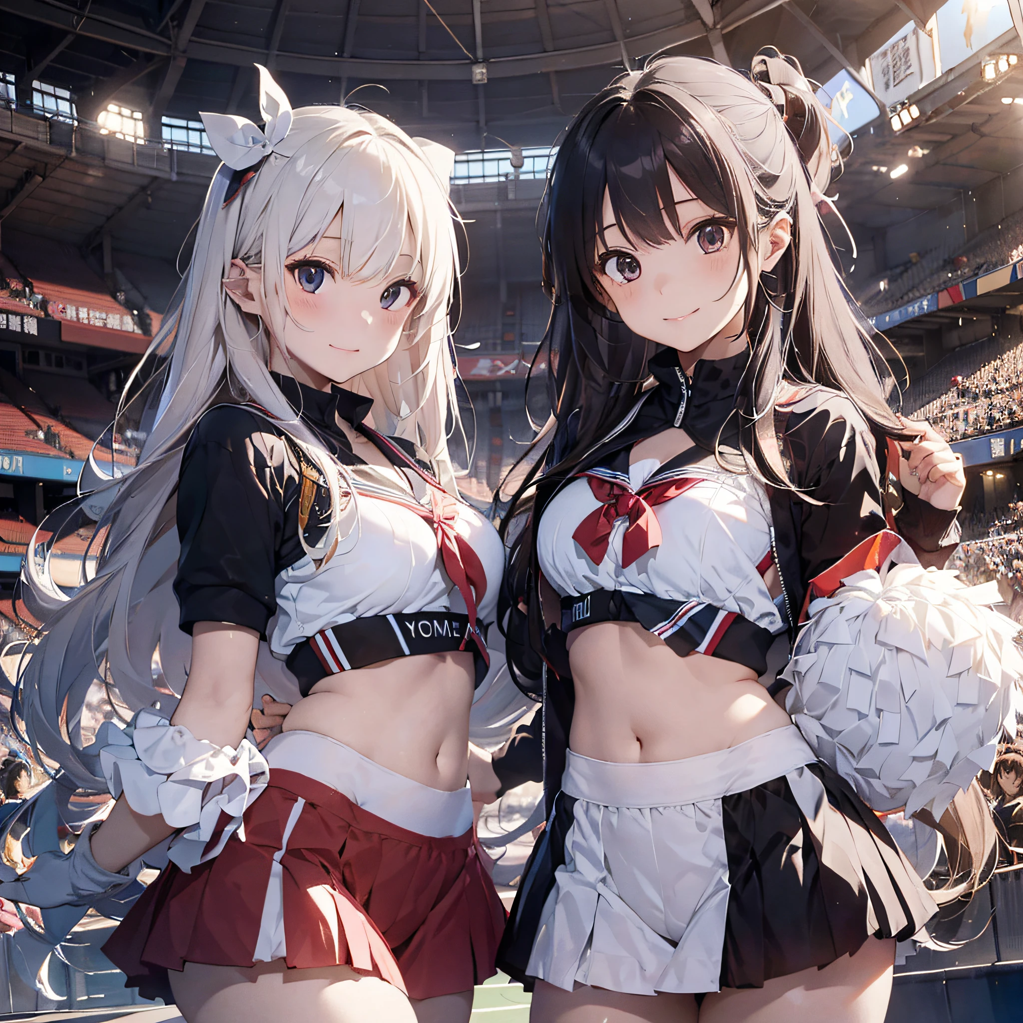 Two Alafed Asian cheerleaders posing dynamically with large pom-poms in each hand in the stadium、a closeup、cosplay foto、Anime Cosplay、tiny chest、Raw photography, top-quality, hight resolution, (masterpiece), (Photorealsitic:1.4), professional photograpy, foco nítido, nffsw, 8K分辨率, intricate detailes, depth of fields, the Extremely Detailed CG Unity 8K Wallpapers, front lit, girl with, beautiful supermodel, A smile、A slender、Korean style uniform、Peeking from below、(skinny thigh)、I see underwear、Wearing a sun visor on the head、