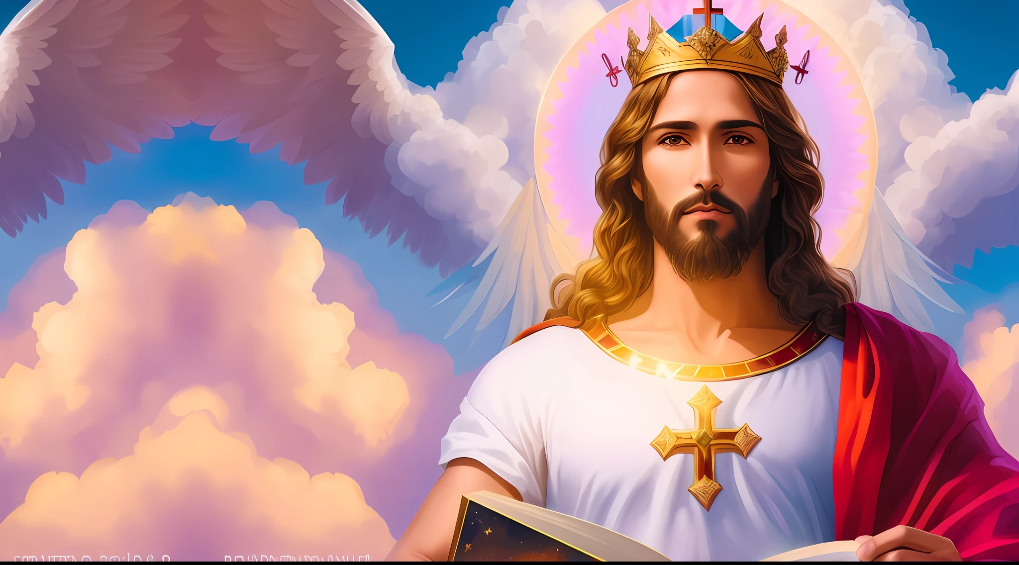Jesus holding a book with a crown on his head, Retrato de um Deus Celestial, Jovem Deus Todo-Poderoso, Jesus Cristo, imagens sagradas, bible illustration, Rei dos Reis, deus divino, biblical accurate angel, Retrato de Jesus Cristo, imagens religiosas, Obra-prima da luz brilhante, O Senhor e Salvador, Jesus, reino divino dos deuses, arte conceitual de deus, sentou-se em seu trono