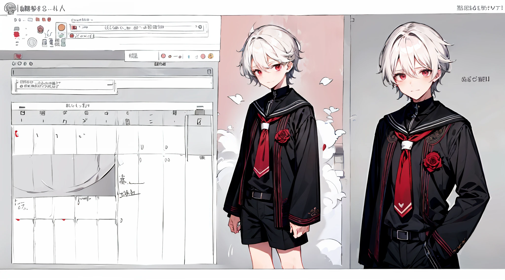 Redraws the selected portion,lovely boy,with short white hair,red color eyes,ssmile,Black sailor costume with shorts,Red roses as accessories,详细的脸,detailed hairs