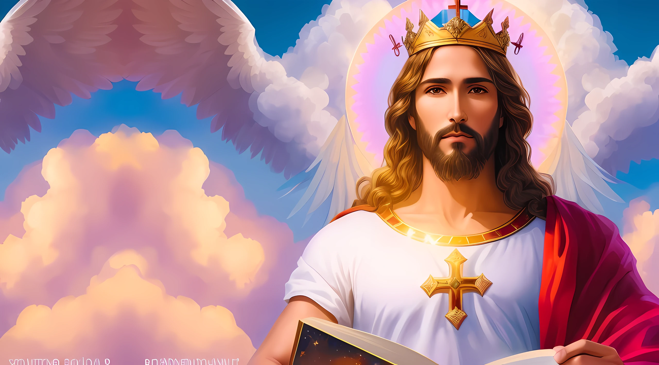 Jesus holding a book with a crown on his head, Retrato de um Deus Celestial, Jovem Deus Todo-Poderoso, Jesus Cristo, imagens sagradas, bible illustration, Rei dos Reis, deus divino, biblical accurate angel, Retrato de Jesus Cristo, imagens religiosas, Obra-prima da luz brilhante, O Senhor e Salvador, Jesus, reino divino dos deuses, arte conceitual de deus, sentou-se em seu trono