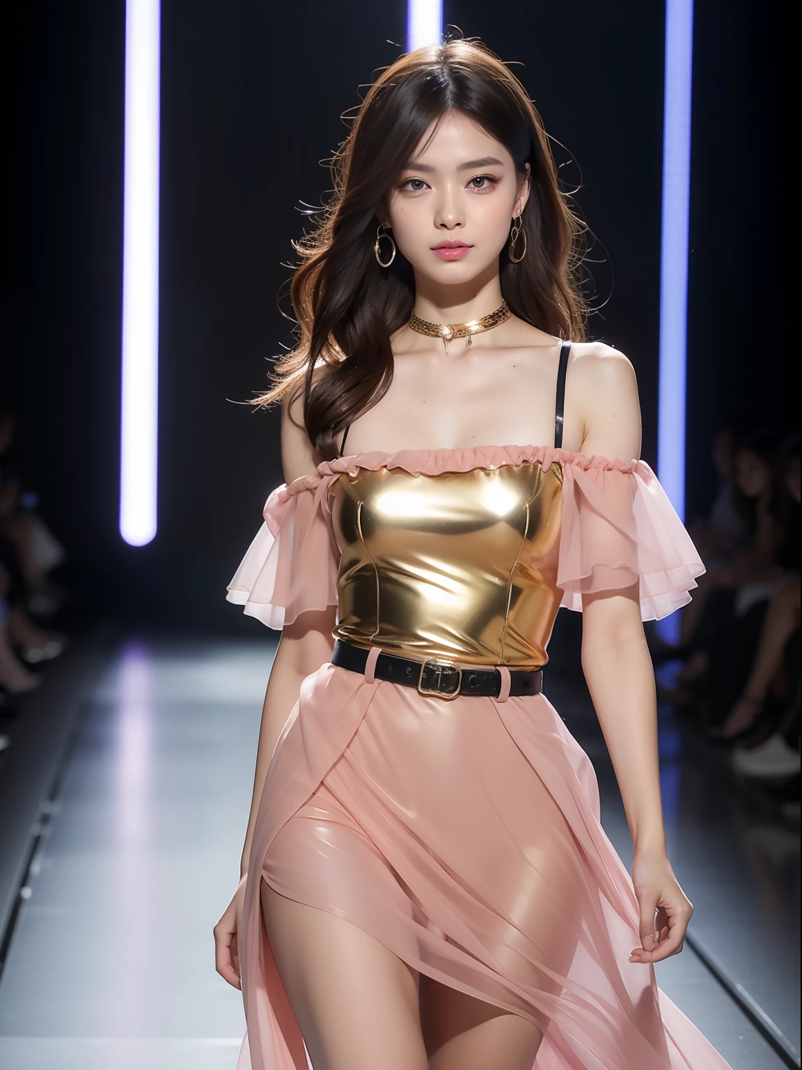 (Best quality, 8k, 32k, Masterpiece, UHD:1.2),Photo of Pretty Japanese woman, 1girl, (medium-short dark brown hair), double eyelid, fashion model, beautiful legs, unique maxi very wet pink dress with slit, off-shoulder, gold belt, choker, stand tall, runway, huge stage, Paris Collection, nsfw, full body, see through,,