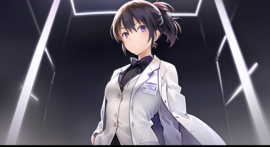 1girl, solo, cg art, sakaki, short ponytail hair, small to medium breast, purple eyes, (white pharmacist coat), (formal clothes), looking at viewer, limbo, all black, standing in front of portal, lighting, serious