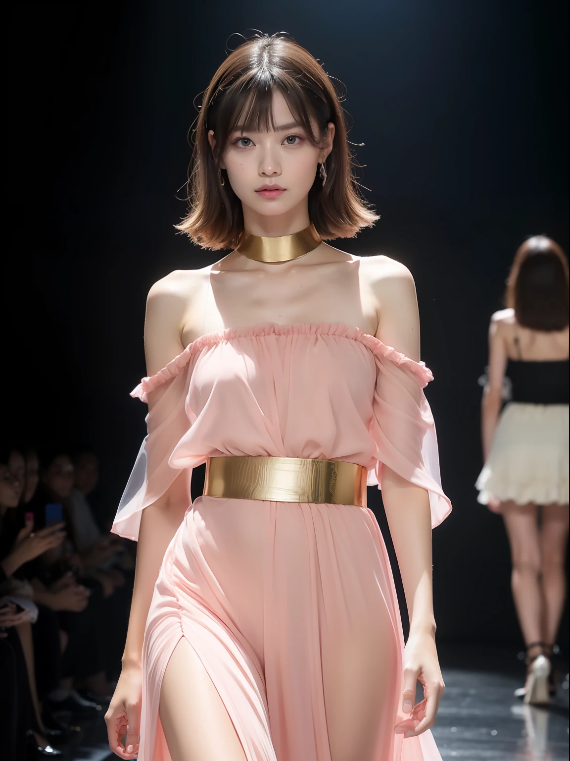 (Best quality, 8k, 32k, Masterpiece, UHD:1.2),Photo of Pretty Japanese woman, 1girl, (medium-short dark brown hair), double eyelid, fashion model, beautiful legs, unique maxi very wet pink dress with slit, off-shoulder, gold belt, choker, stand tall, runway, huge stage, Paris Collection, nsfw, full body, see through,,