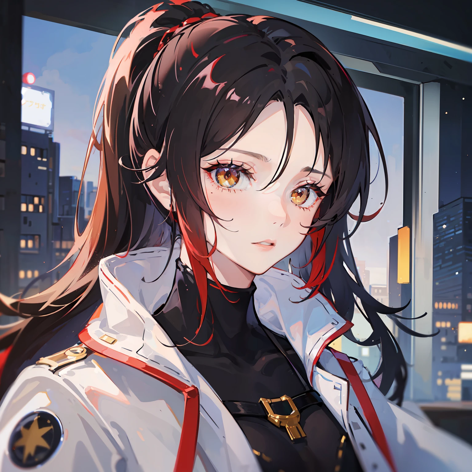 masterpiece, best quality, sharp focus, absurdres, ++ 1girl, coat, white coat, closed coat, black bodysuit, ((black hair)), (red hair), (gradient hair:1.2), forehead, ponytail, wavy hair, ((aviator sunglasses)), small breasts, ember yellow eyes, bags under eyes, ++ close-up, face only, portrait shot, (looking away:1.1), cold, serious, galaxy scenery, spaceship