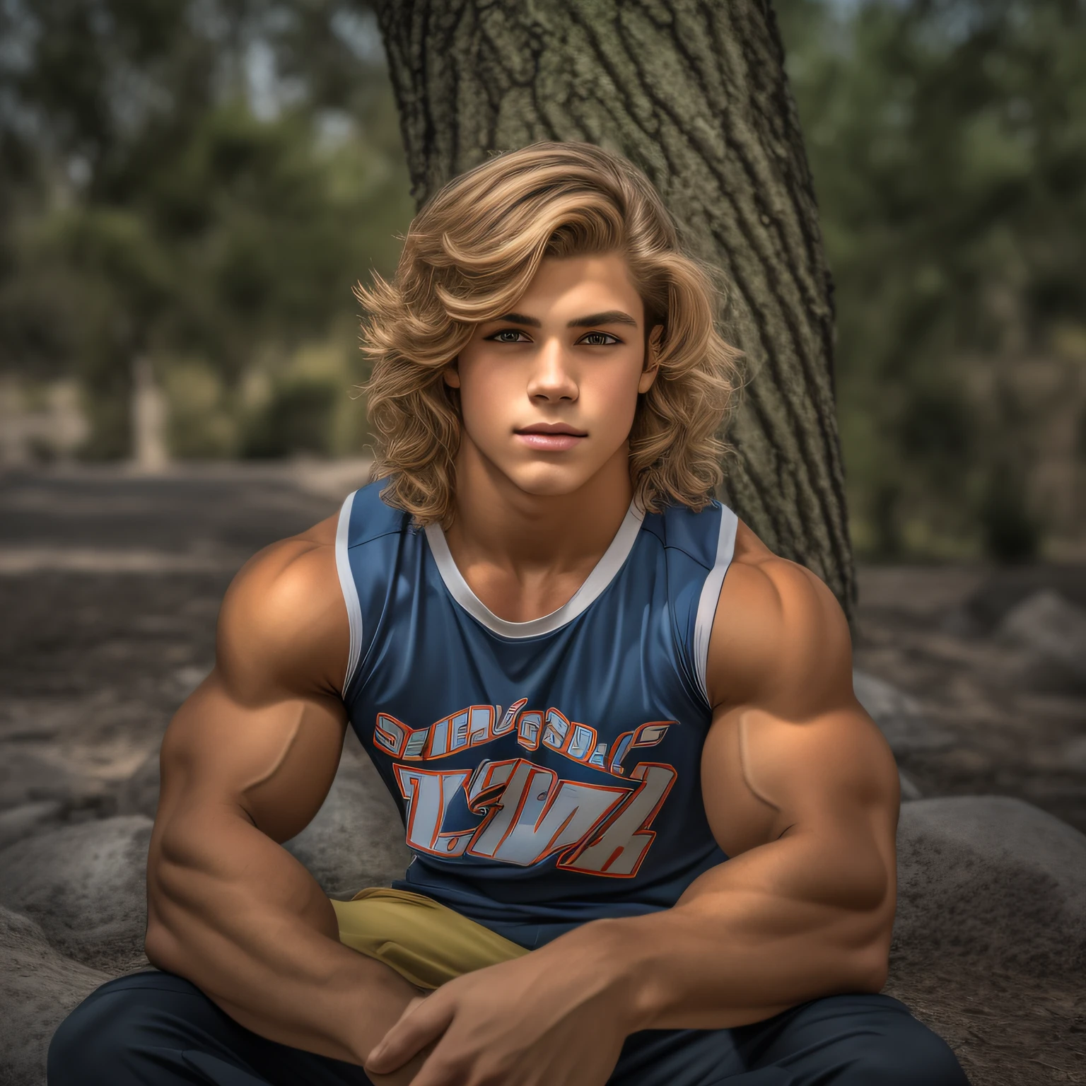 buff and cool 18 year old boy varsity jock, embodying the perfect fusion of Joey Lawrence and Cody Calafiore and Dominick Niccolai with long hair, arrogantly displaying his swoll pecs with a conceited smirk, Enhanced with HDR technology, this image depicts a true masterpiece, 4K resolution, outdoor lighting, light reflections, midriff top, sporty 80s vibes