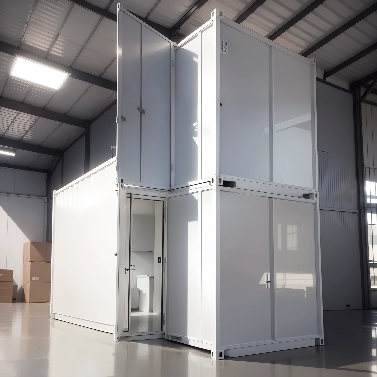 prefab container structures, opaque resin panels, white, modular design, hyper-realistic, highly detailed photo, sharp details, realistic, 4k, RAW photo, spacious interior, clean and minimalistic, bright lighting, geometric shapes, modern industrial, technology-driven, organized and tidy, factory setting, advanced engineering, polished finish