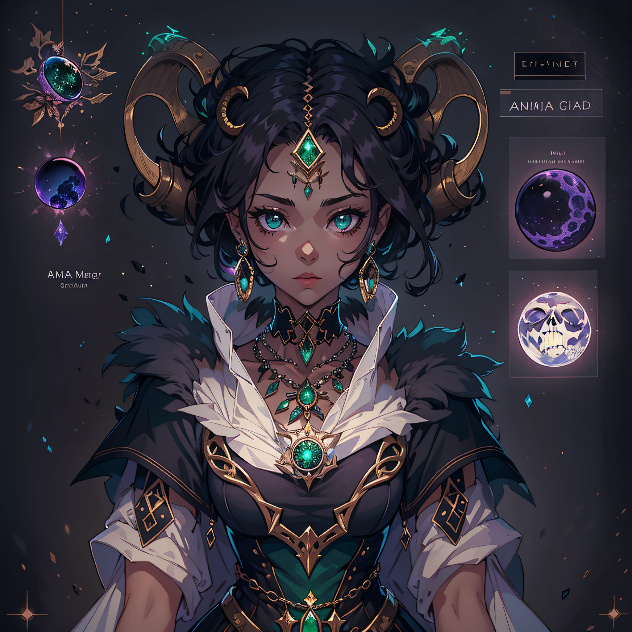 1girl, furry, reference sheet, matching outfit, (fantasy character design, front, back, sides, left, right, up, down)
Appearance:
Amara is a lovable and mysterious sheep mage, combining a cute appearance with a dark touch. Her wool is a shining black, and is soft to the touch,
contrasting with the piercing and shining eyes of a deep emerald green. Their pointed ears, like a sheep's, are always attentive to the sounds of the world around them. A mystical aura envelops her body, highlighting the magic that flows through her.

Staff:
Her staff is a powerful and remarkable magical artifact.
Made of dark, elegant wood, it has an intricate shape, with carvings reminiscent of leaves and sinuous branches. At the end of the staff, a magical orb floats mysteriously, shaped in the shape of a stylized human skull, with small emerald green details such as its eyes. This sphere is the conduit of your dark magic,
emanating a soft, ethereal light.

Costume:
Amara's costume is a balanced combination of dark and cute. She wears a long, flowing dress in shades of violet and black, with subtle patterns reminiscent of stars shining on a dark night. Over the gown, a dark, flowing robe adds a dramatic and enigmatic touch to her look.
.

Accessories:

Hood: Amara wears a hood that partially covers her head and face, shading her expression but leaving her glowing eyes showing. The hood has edges decorated with details that resemble thorns, adding a dark touch to her look.

Necklace: Around your neck,
she wears a necklace with a pendant in the shape of a crescent moon, also in shades of violet and black, symbolizing her connection with the cycles of the night and the magic of shadows.