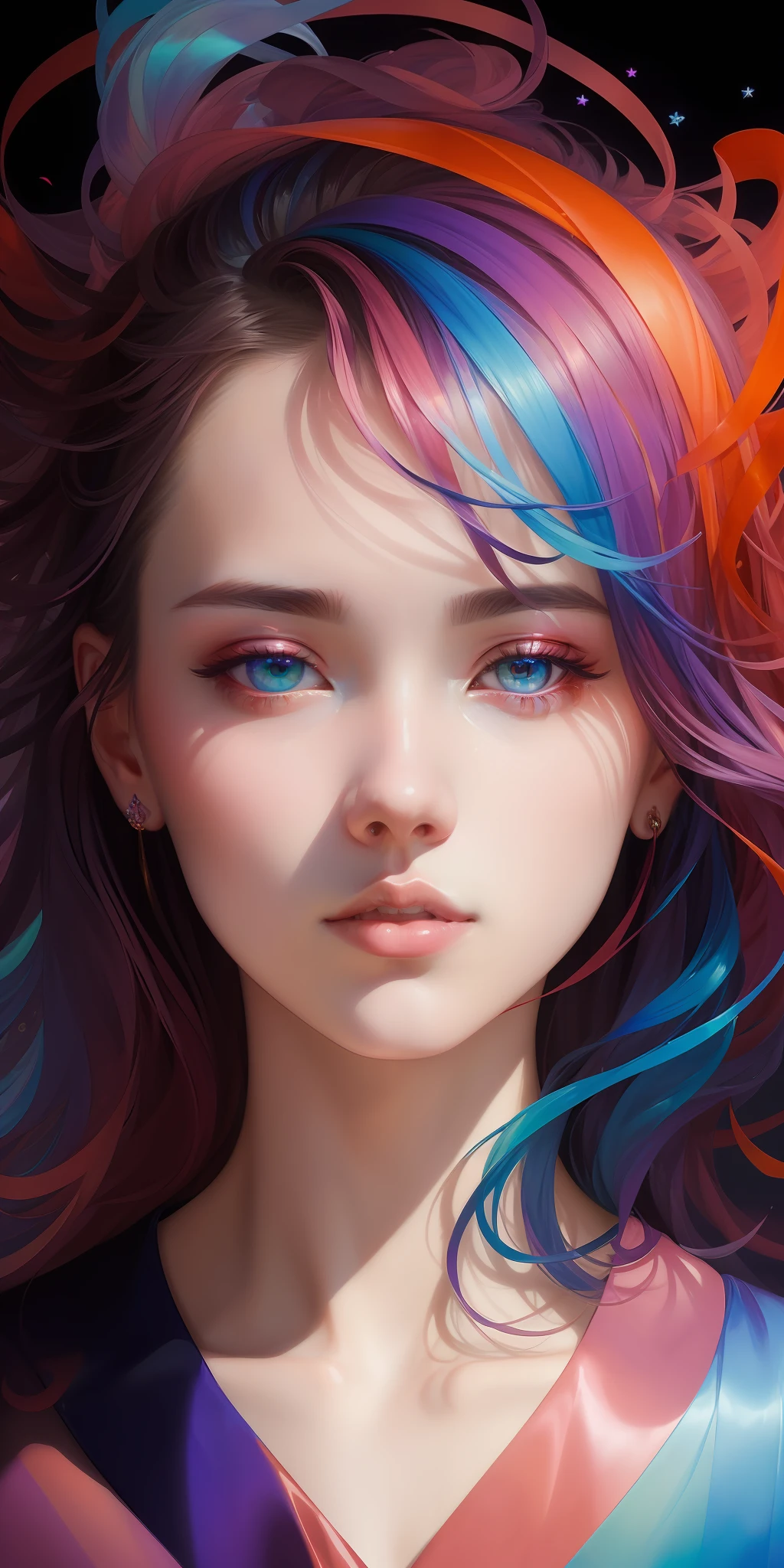 _james jean, floating female figure made of ribbons, smoke, in the sky, colorful and vibrant, mystical colors, contemporary impressionism, yanjun cheng portrait painting, iridescent painting, 3/4 perspective view, cute face, low angle, sweeping circling composition, large beautiful crystal eyes, big irises, UHD, HDR, 8K, (Masterpiece:1. 5), (the most beautiful portrait in the world:1.5)