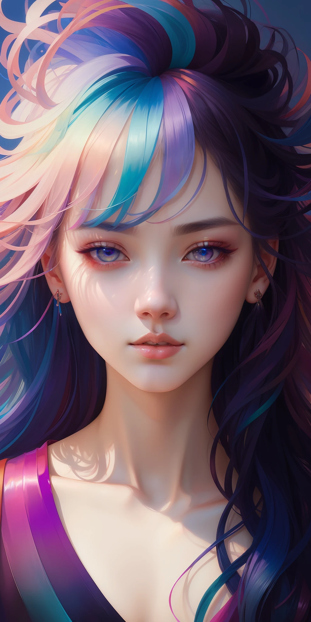 _james jean, floating female figure made of ribbons, smoke, in the sky, colorful and vibrant, mystical colors, contemporary impressionism, yanjun cheng portrait painting, iridescent painting, 3/4 perspective view, cute face, low angle, sweeping circling composition, large beautiful crystal eyes, big irises, UHD, HDR, 8K, (Masterpiece:1. 5), (the most beautiful portrait in the world:1.5)