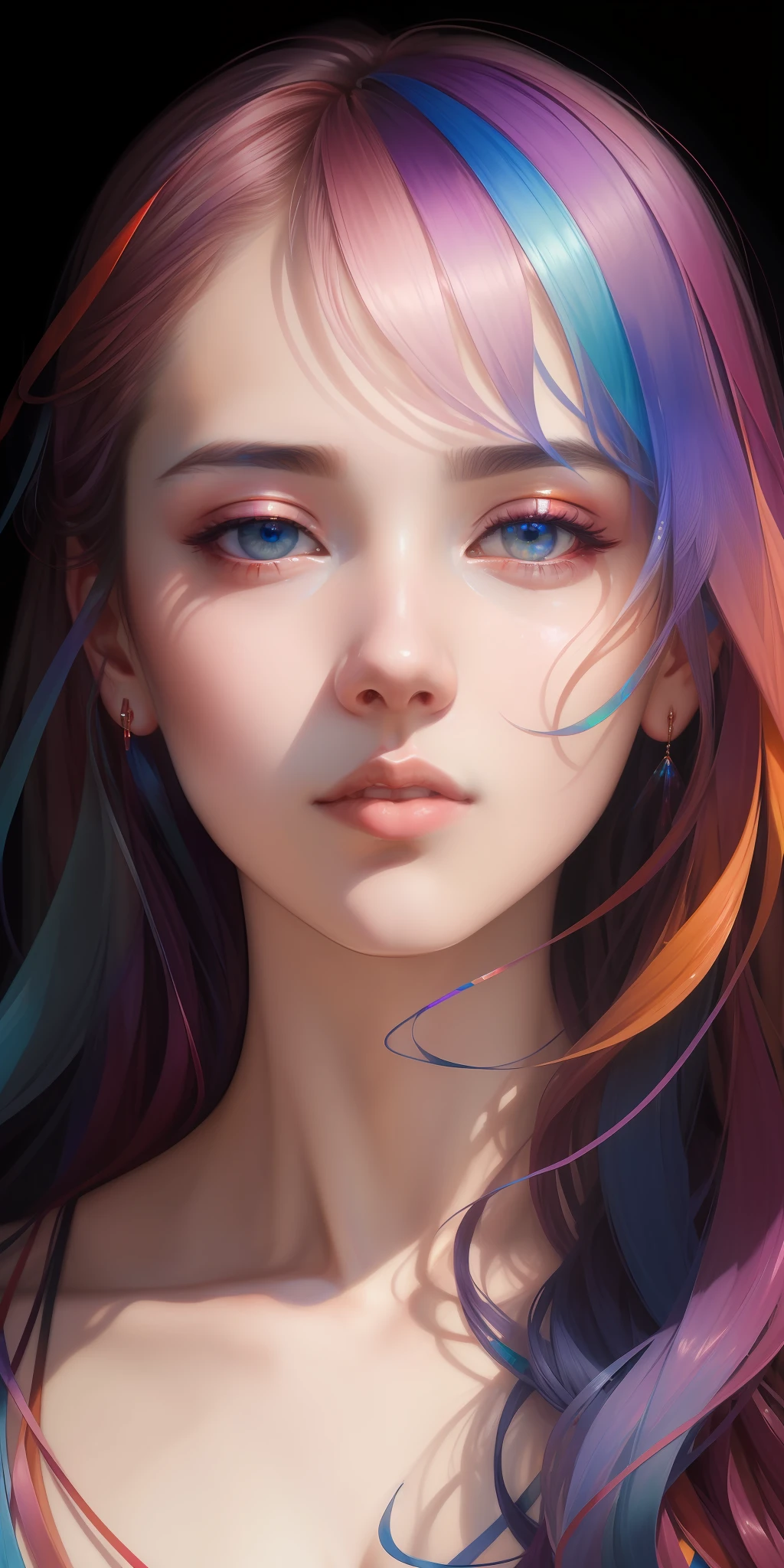 _james jean, floating female figure made of ribbons, smoke, in the sky, colorful and vibrant, mystical colors, contemporary impressionism, yanjun cheng portrait painting, iridescent painting, 3/4 perspective view, cute face, low angle, sweeping circling composition, large beautiful crystal eyes, big irises, UHD, HDR, 8K, (Masterpiece:1. 5), (the most beautiful portrait in the world:1.5)