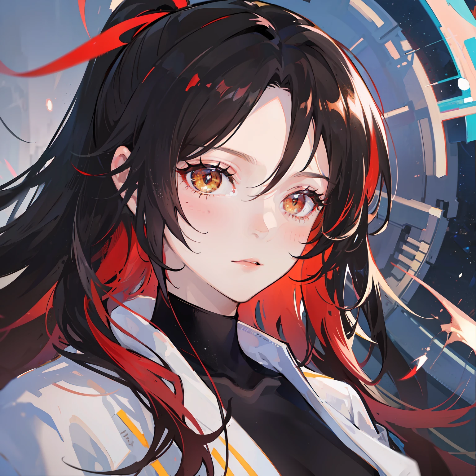 masterpiece, best quality, sharp focus, absurdres, ++ 1girl, coat, white coat, closed coat, black bodysuit, ((black hair)), (red hair), (gradient hair:1.2), forehead, ponytail, wavy hair, ((aviator sunglasses)), small breasts, ember yellow eyes, bags under eyes, ++ close-up, face only, portrait shot, (looking away:1.1), cold, serious, galaxy scenery, spaceship