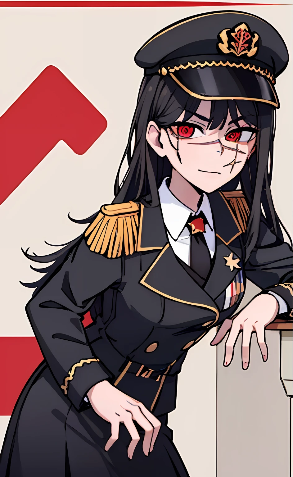 (masterpiece, best quality: 1.2), Solo, 1girl, Yoru \(Chainsaw Man\), looking at the viewer, different poses, red eye, long hair, completely black hair, reference to clothing of a German WWII general, black long sleeves (best quality), scar on face, beautiful eyes, has only 2 arms, has war medals on his clothes,  Black Military Cap, Golden Eagle Medal on Clothing, (Wallpaper), (8K HD), (8K HD), Golden Shoulder Pads, Sprites, 1 Single Design (obra maestra, mejor calidad: 1.2), Solo, 1girl, Yoru \(Chainsaw Man\), mirando al espectador, sonrisa, MALVADA, diferentes poses, ojo rojos, cabello largo, cabello completamente negro, reference to clothing of a German general from World War II, mangas largas negras (mejor calidad), cicatriz en la cara, hermosos ojos, tiene solo 2 brazos, tiene medallas de guerra en su ropa, Gorra militar negra, Golden Eagle Medal in Dress, (fondo de pantalla), (8K HD), (8K HD), hombreras doradas, sprites, 1 single design