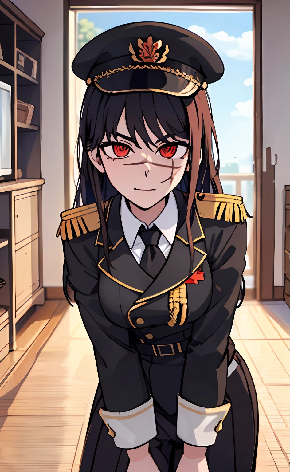 (masterpiece, best quality: 1.2), Solo, 1girl, Yoru \(Chainsaw Man\), looking at the viewer, different poses, red eye, long hair, completely black hair, reference to clothing of a German WWII general, black long sleeves (best quality), scar on face, beautiful eyes, has only 2 arms, has war medals on his clothes, Black Military Cap, Golden Eagle Medal on Clothing, (Wallpaper), (8K HD), (8K HD), Golden Shoulder Pads, Sprites, 1 Single Design (obra maestra, mejor calidad: 1.2), Solo, 1girl, Yoru \(Chainsaw Man\), mirando al espectador, sonrisa, MALVADA, diferentes poses, ojo rojos, cabello largo, cabello completamente negro, reference to clothing of a German general from World War II, mangas largas negras (mejor calidad), cicatriz en la cara, hermosos ojos, tiene solo 2 brazos, tiene medallas de guerra en su ropa, Gorra militar negra, Golden Eagle Medal in Dress, (fondo de pantalla), (8K HD), (8K HD), hombreras doradas, sprites, 1 single design
