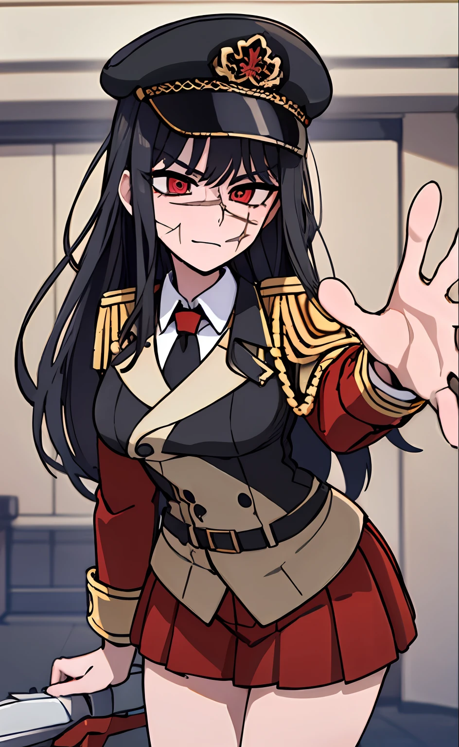 (masterpiece, best quality: 1.2), Solo, 1girl, Yoru \(Chainsaw Man\), looking at the viewer, different poses, red eye, long hair, completely black hair, reference to clothing of a German WWII general, black long sleeves (best quality), scar on face, beautiful eyes, has only 2 arms, has war medals on his clothes,  Black Military Cap, Golden Eagle Medal on Clothing, (Wallpaper), (8K HD), (8K HD), Golden Shoulder Pads, Sprites, 1 Single Design (obra maestra, mejor calidad: 1.2), Solo, 1girl, Yoru \(Chainsaw Man\), mirando al espectador, sonrisa, MALVADA, diferentes poses, ojo rojos, cabello largo, cabello completamente negro, reference to clothing of a German general from World War II, mangas largas negras (mejor calidad), cicatriz en la cara, hermosos ojos, tiene solo 2 brazos, tiene medallas de guerra en su ropa, Gorra militar negra, Golden Eagle Medal in Dress, (fondo de pantalla), (8K HD), (8K HD), hombreras doradas, sprites, 1 single design