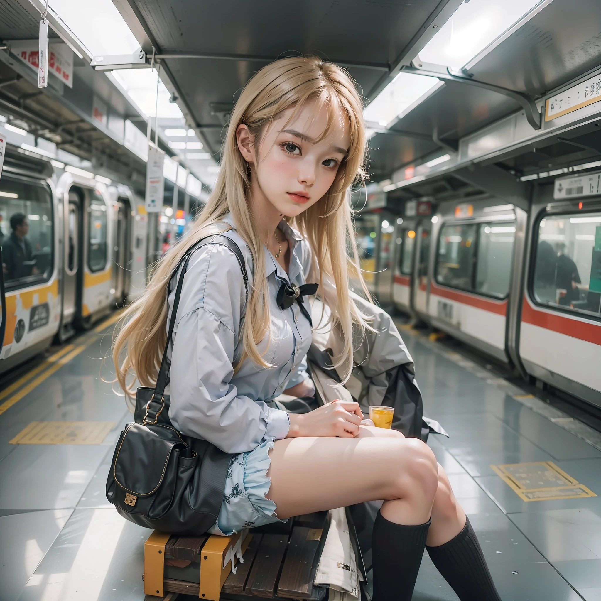 8K, RAW photos, Top quality, Masterpieces: 1.2), high definition TAW color photos, Professional photos, (Realistic, Photorealistic: 1.37), (Highest quality)), 电影灯光, (face of details: 1.2), (Masterpiece: 1.5), (Best quality: 1.2), (Best quality: 1.2), (Bokeh: 1.2), 35mm: 1.25, wide angles, high-angle: 1.2, , Close-up: 1.2, 1 girl,Solo, White skin, Cute, (Whole body 1.15), Detailed skin texture, Radiant skin, Detailed Beautiful and delicate face: 1.3, the shape of the pubic area is faintly visible, The shape of the pubic region is clear,In the subway,Wearing a JK uniform,short skirt
