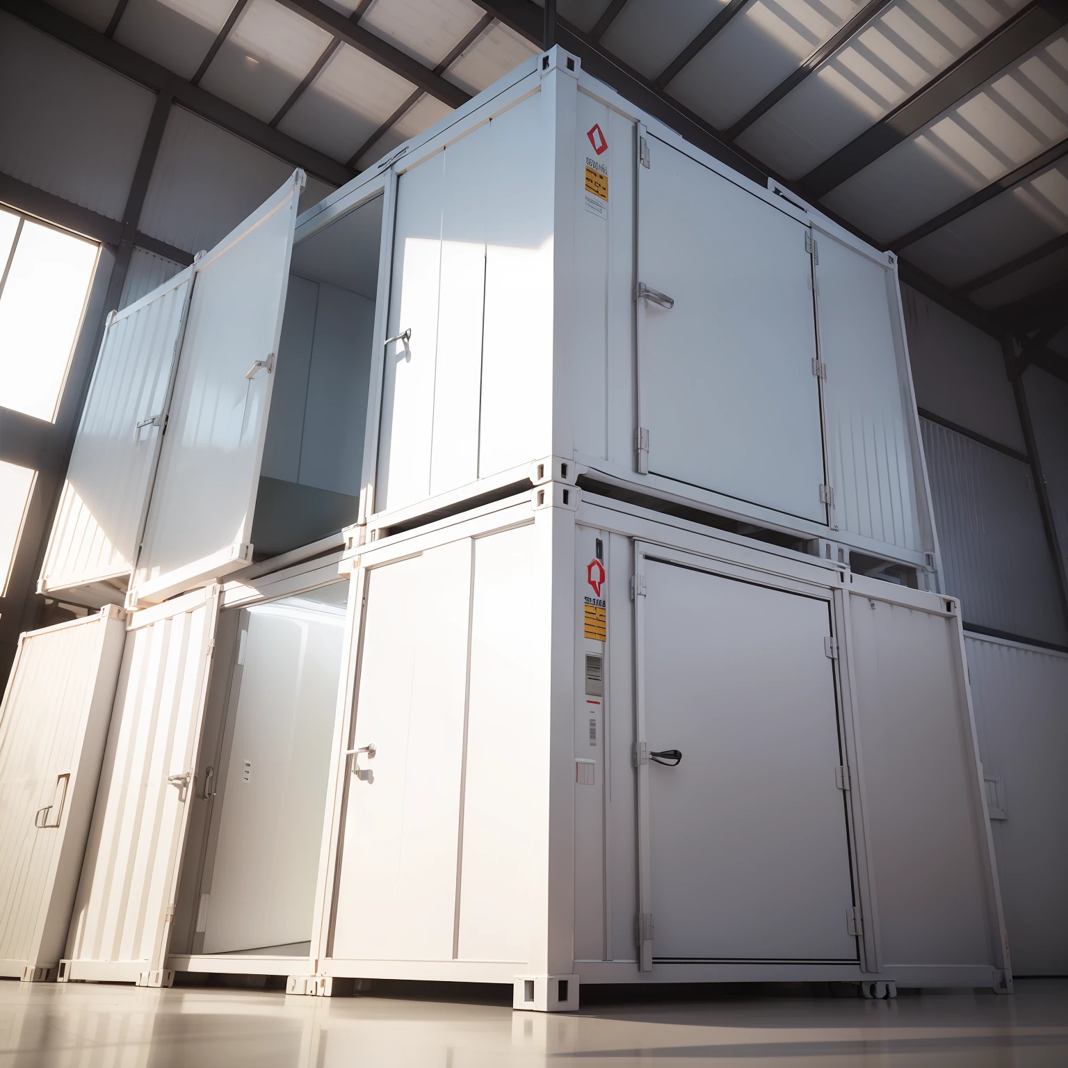 prefab container structures, opaque resin panels, white, modular design, hyper-realistic, highly detailed photo, sharp details, realistic, 4k, RAW photo, spacious interior, clean and minimalistic, bright lighting, geometric shapes, modern industrial, technology-driven, organized and tidy, factory setting, advanced engineering, polished finish