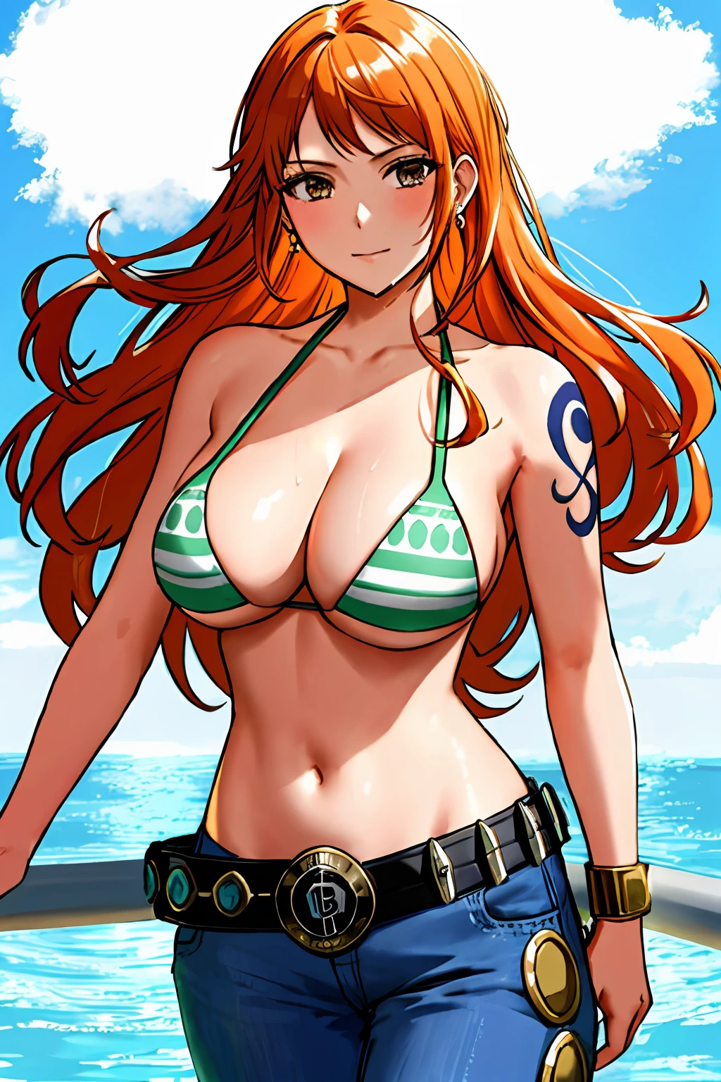 detailed background, masterpiece, 4k, best quality, adult, wrestler, 1girl, active, energic, uppercut, (large mouth) , solo, nami \(one piece\), 1girl, bangle, wet, soaked in sweat, perfect detailed face, bold drawing lines, muscular arms, detailed bold arm lines, flat jaw, adult woman, wavy wide streaked bangs, floating bang streaks, (big cheeks), bare shoulders, off-shoulders, belt, bikini, bikini top only, blue sky, bracelet, springy breasts, breast lines, big round eyes, plain big brown shiny eyes, bubble, high eye position, cleavage, cloud, day, denim, earrings, floating hair, shiny hair, green belt, green bikini, bold groin lines, jeans, jewelry, medium breasts, log pose, long hair, looking at viewer, navel, wet hair, orange hair, pants, shoulder tattoo, sidelocks, sky, solo, standing, stomach, swimsuit, tattoo , looking at viewer, open mouth, detailed left arm, big forehead, hourglass figure, small head, very happy, laughing, toned body, wide hair, wind effect, sun effect, under the sun, narrow small ears angle, older, random poses, tired