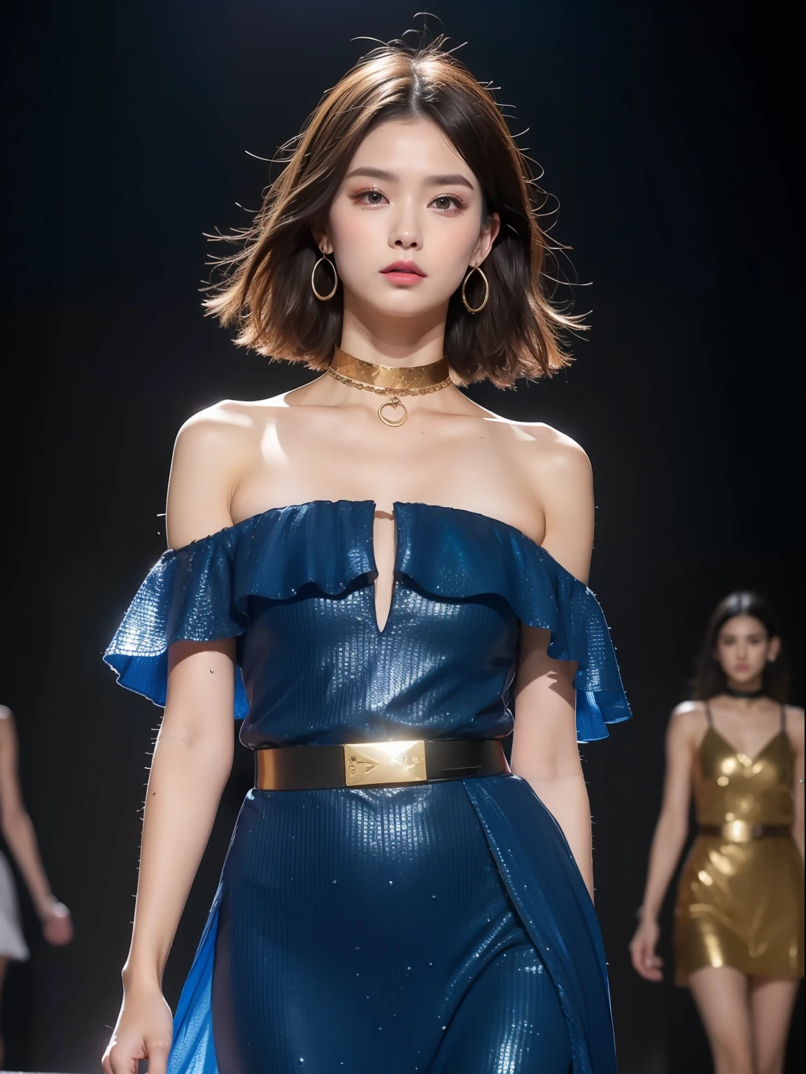 (Best quality, 8k, 32k, Masterpiece, UHD:1.2),Photo of Pretty Japanese woman, 1girl, (medium-short dark brown hair), double eyelid, fashion model, beautiful legs, unique maxi very wet blue dress with slit, off-shoulder, gold belt, choker, stand tall, runway, huge stage, Paris Collection, nsfw, full body, see through,,