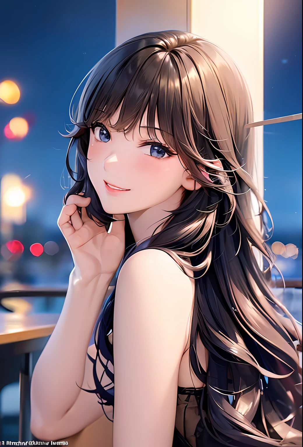 (8k, top quality, masterpiece: 1.2), (realistic, photorealistic: 1.37), super detailed, girl single, cute, solo, midnight, beautiful detailed sky, detailed café, sitting, date, (blush), (smile: 1.15), small breasts (mouth closed), beautiful fine eyes, floating hair NovaFrogStyle, back open dress