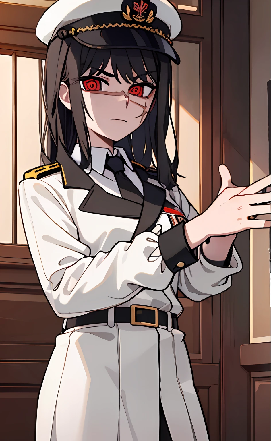 (masterpiece, best quality: 1.2), Solo, 1girl, Yoru \(Chainsaw Man\), looking at the viewer, different poses, red eye, long hair, completely black hair, reference to clothing of a German WWII general, black long sleeves (best quality), scar on face, beautiful eyes, has only 2 arms, has war medals on his clothes, Black Military Cap, Golden Eagle Medal on Clothing, (Wallpaper), (8K HD), (8K HD), Golden Shoulder Pads, Sprites, 1 Single Design (obra maestra, mejor calidad: 1.2), Solo, 1girl, Yoru \(Chainsaw Man\), mirando al espectador, sonrisa, MALVADA, diferentes poses, ojo rojos, cabello largo, cabello completamente negro, reference to clothing of a German general from World War II, mangas largas negras (mejor calidad), cicatriz en la cara, hermosos ojos, tiene solo 2 brazos, tiene medallas de guerra en su ropa, Gorra militar negra, Golden Eagle Medal in Dress, (fondo de pantalla), (8K HD), (8K HD), hombreras doradas, sprites, 1 single design