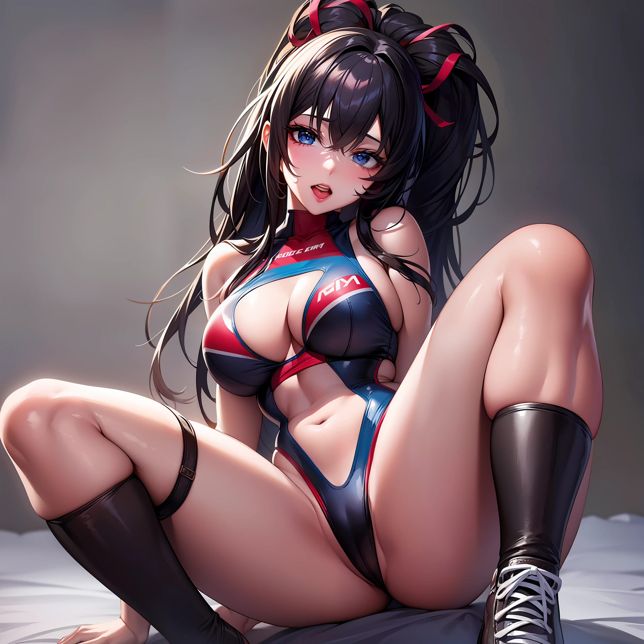 (Top quality, Masterpiece: 1.2), 1girll, Beautiful, Cute, Beautiful, Style, Sexy, elegant, Attractive, Sexy, Beautiful and Well-groomed face, Beautiful eyes, Beautiful hair, Smooth skin, Beautiful mouth, Smooth feet, Balanced body, fashionable with a change of clothes, Mizuki Yukikaze, Hair ribbon, competitive swimsuit, Black Themes，grabbing her own breasts，legs that open，Sexual suggestiveness，Be red in the face