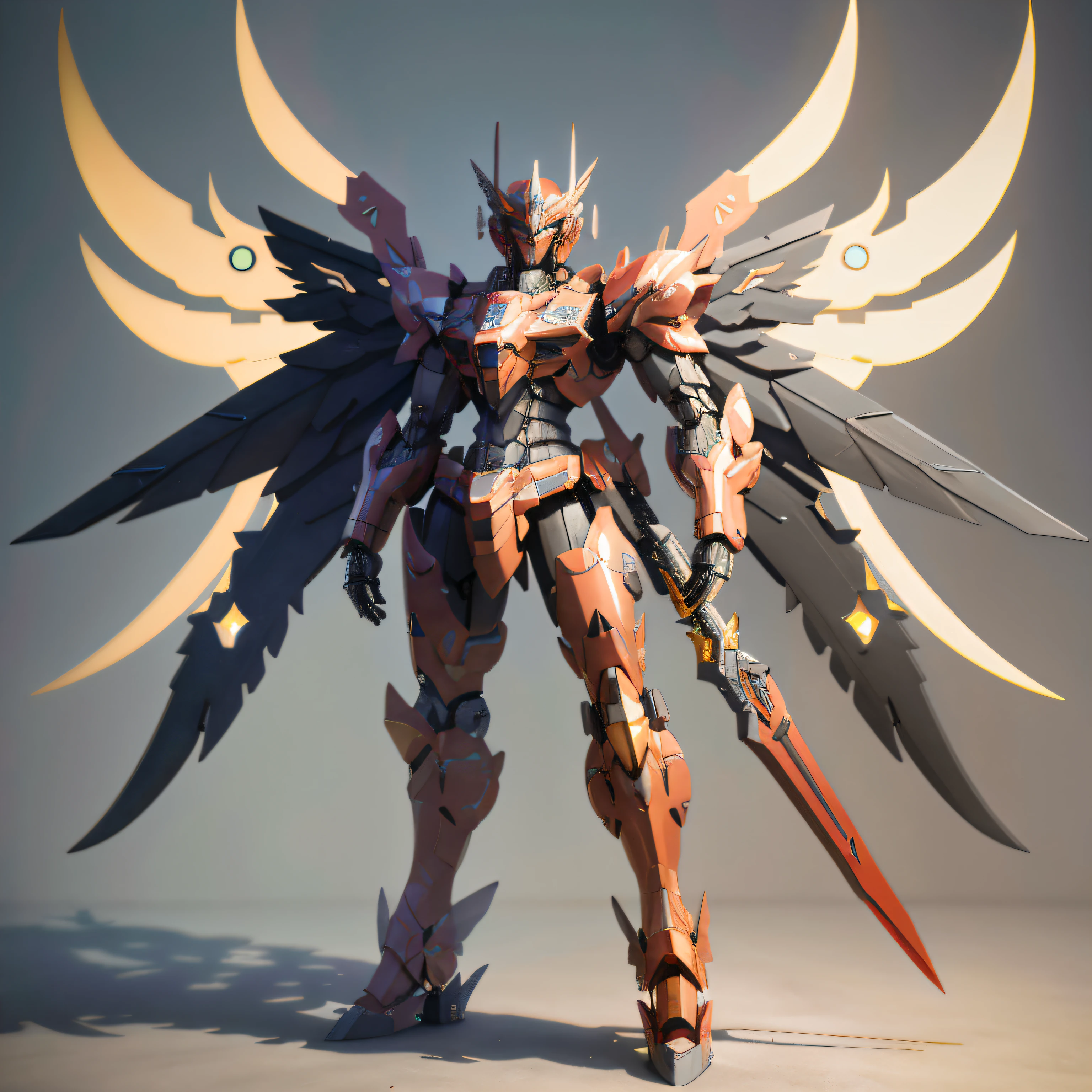 A robot with wings and a sword, Mecha wings, futuristic robot angel, armor angle with wing, anime styled 3d, 3 D rendering character art 8 K, greek god in mecha style,, cool mecha style, Mechanical weapon blade with light blade,The mech's face is black metal