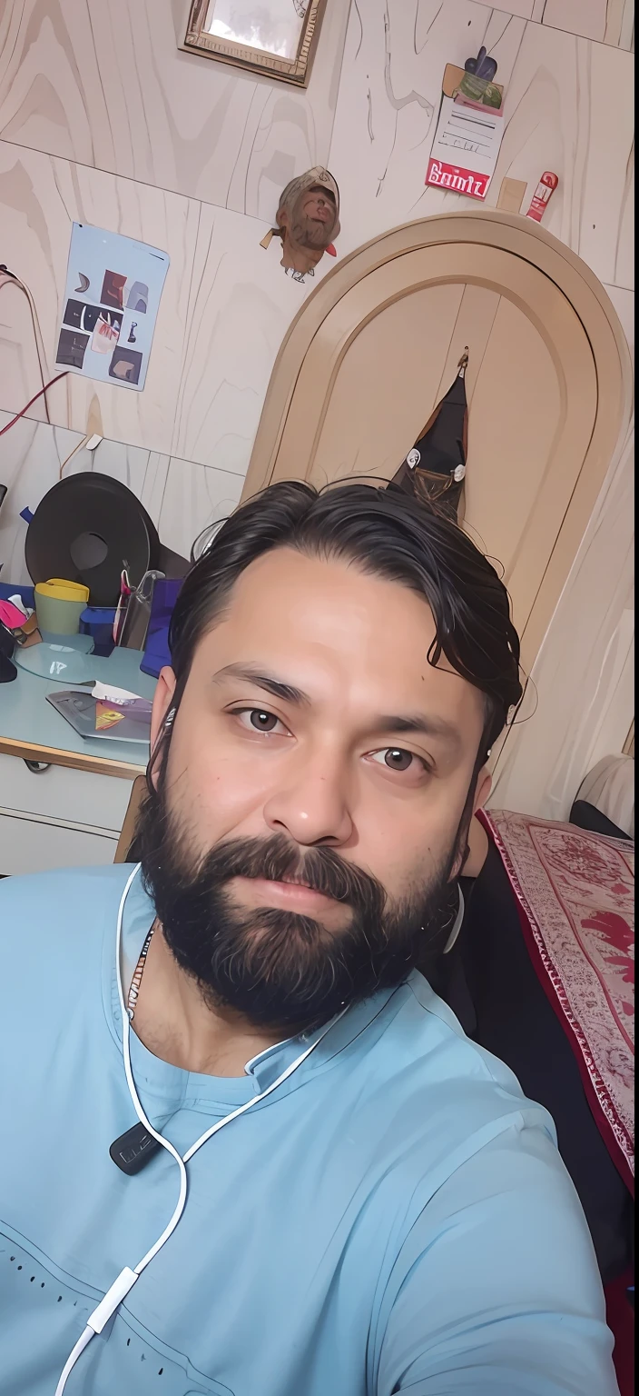 there is a man with a beard and earphones on sitting in a room, without beard, without beard and mustache, 4 0 years old man, 8k selfie photograph, selfie photo, without helmet, vinayak, vastayan, with accurate face, about 3 5 years old, taken with sony a7r camera, very very low quality picture, with a small beard