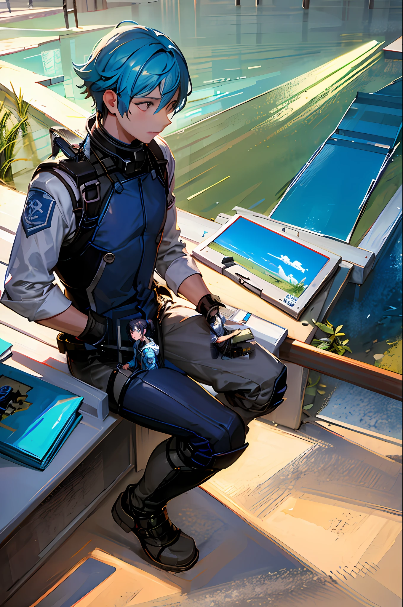 Anime - guy sitting on a bench with a laptop and a book, Makoto Shinkai ( apex legends ), Makoto Shinkai and Artgerm, highly detailed exquisite fanart, Range Murata and Artgerm, makoto shinkai and bioware, Artgerm JSC, shigenori soejima illustration, Makoto Shinkai. a digital rendering