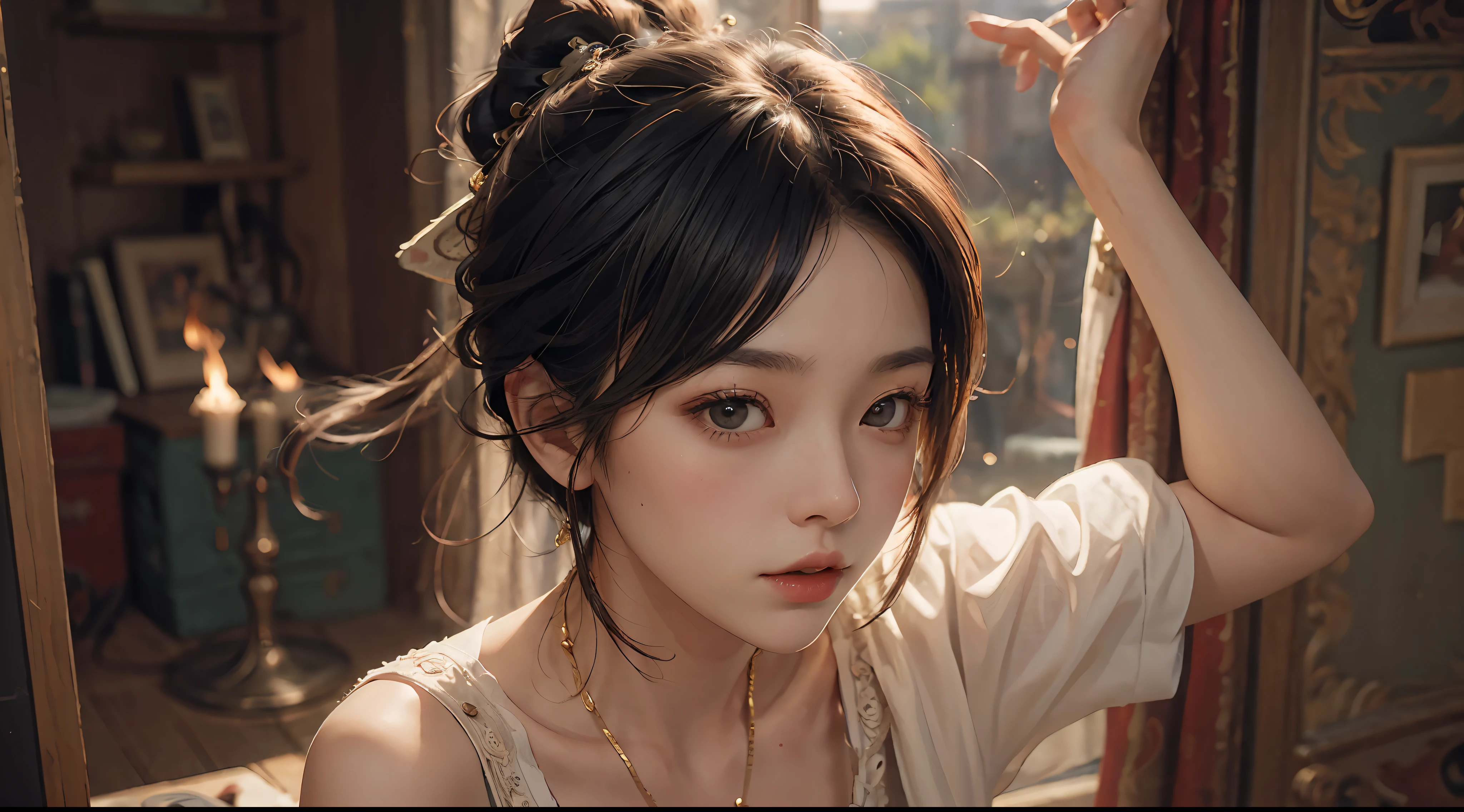 (RAW Photography、top-quality)、(realisitic、Photorealsitic:1.3)、top-quality、high-detail、masterpiece、ultra-detailliert、illustratio、1girl、((very_short_hair))、dynamic ungle、world masterpiece theater、messy_black_hair、top-quality、the Extremely Detailed CG Unity 8K Wallpapers、inky、magnifica、电影灯光、lens_flare、dunhuang_style