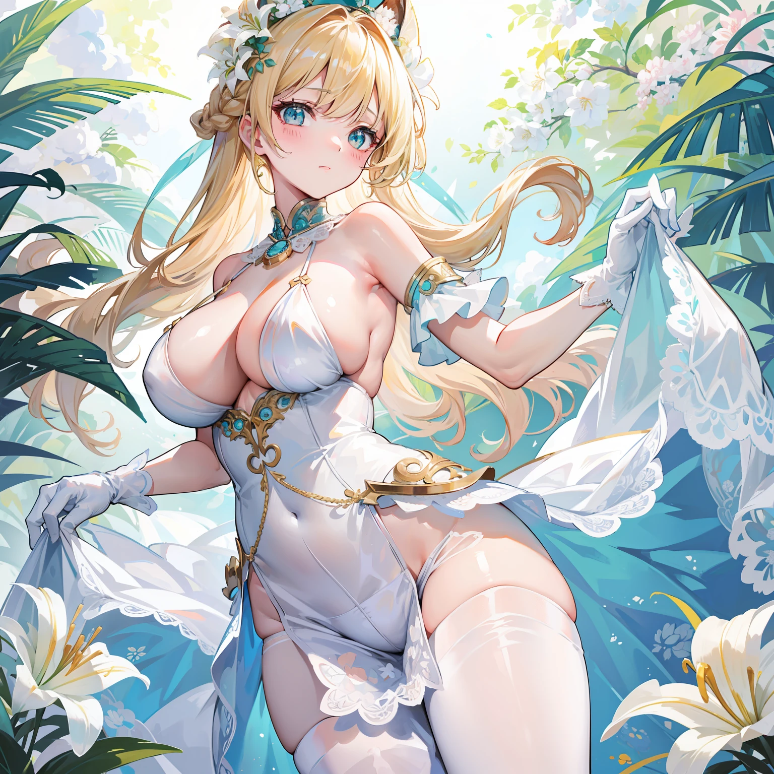 Best quality at best，highly  detailed，tmasterpiece，ultra - detailed，独奏，（1girll），（Elaborate Eyes），（white backgrounid：1.3），Lily_\（florals\），Blonde hair，Turquoise clear eyes，White gloves，lacepantyhose,Double up braid, shift dresses,Bare breasts，Huge breasts，Wearing a naked，Bare body