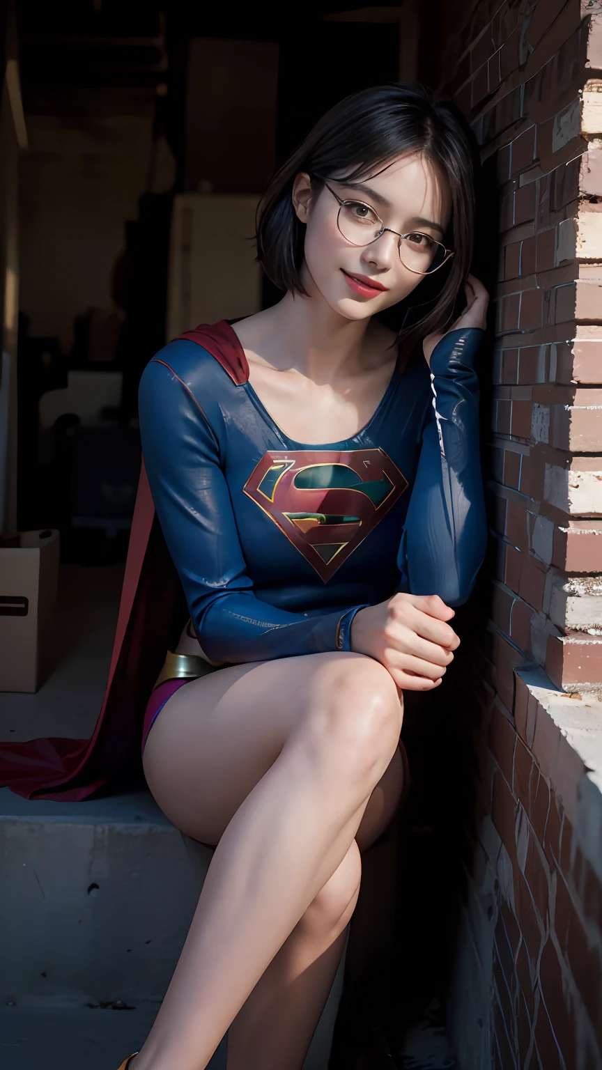 (((beauty in glasses, European appearance, in full height, in the artist's clothes))) ((((Smiling)))), (((hair light, European Eye Shape))), Average Breasts, Short hair, Bob haircut, ((in the garage, Paints, Tassels, canvas, Unfinished paintings))), 8K, Best Quality, real picture, intricate details, Ultra-detailed, ultra highres, depth field, (Photorealistic, Realistic:1.2), Masterpiece, (supergirl), superhero, Best Quality, Realistic, Photorealistic, (intricate details:1.2), (delicate detailed), (cinematiclight), sharp-focus, realistic face, Detailed Face, wallpapers