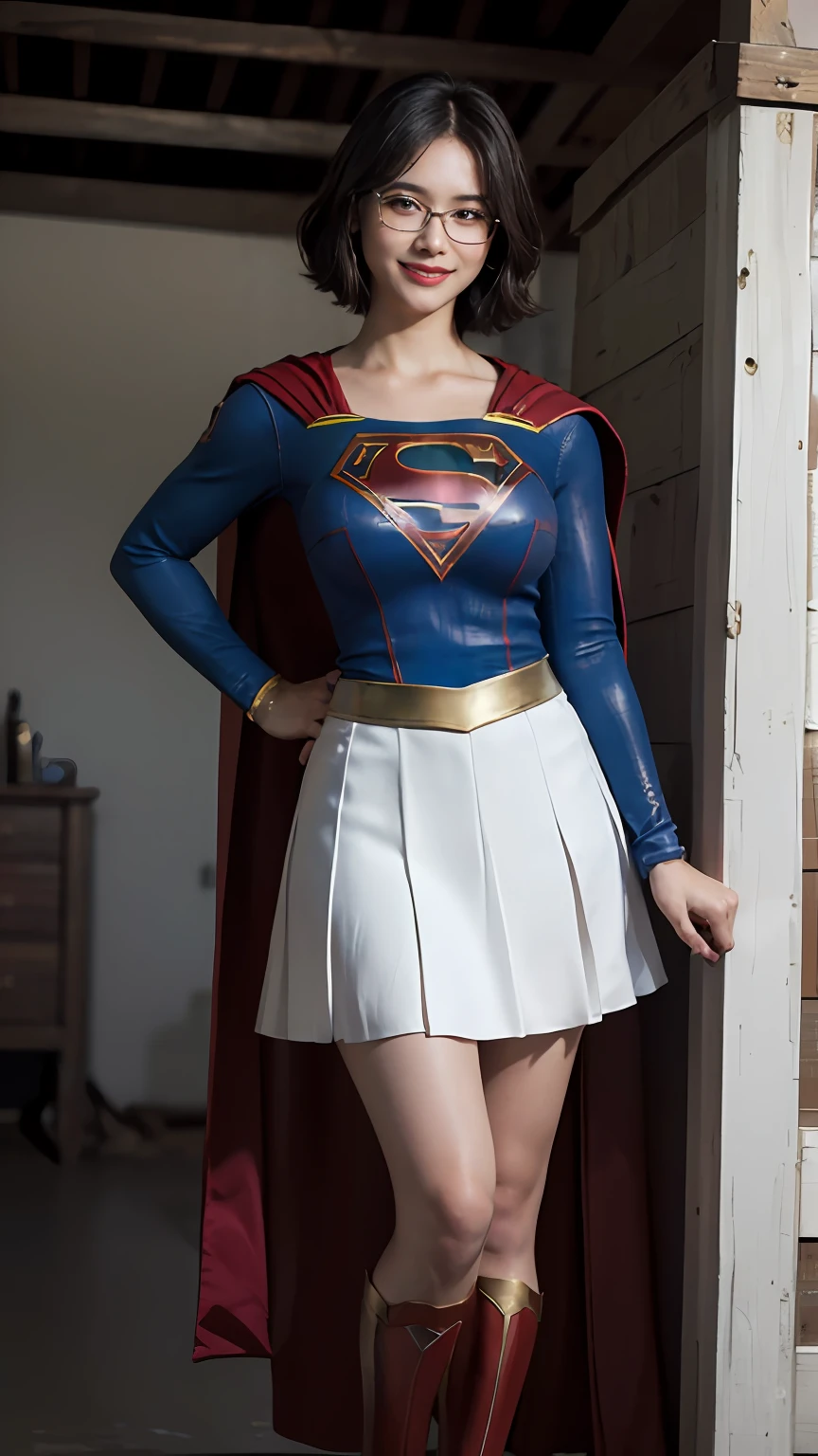 (((beauty in glasses, European appearance, in full height, in the artist's clothes))) ((((Smiling)))), (((hair light, European Eye Shape))), Average Breasts, Short hair, Bob haircut, ((in the garage, Paints, Tassels, canvas, Unfinished paintings))), 8K, Best Quality, real picture, intricate details, Ultra-detailed, ultra highres, depth field, (Photorealistic, Realistic:1.2), Masterpiece, (supergirl), superhero, Best Quality, Realistic, Photorealistic, (intricate details:1.2), (delicate detailed), (cinematiclight), sharp-focus, realistic face, Detailed Face, wallpapers