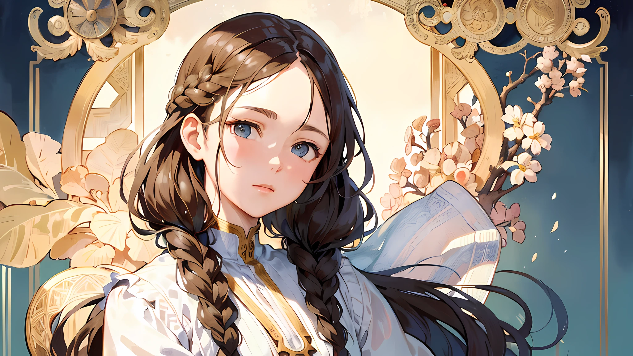 Portrait of the face of an Alpine woman、Braided hairstyle、Brown hair、Wind frame、Decorative panels、abstract artistic、by Alphonse Mucha (tmasterpiece、top-quality、A high resolution: 1.4)、detaileds、intricately details、4K、splash of color、dessin au trait、Fibonacci、