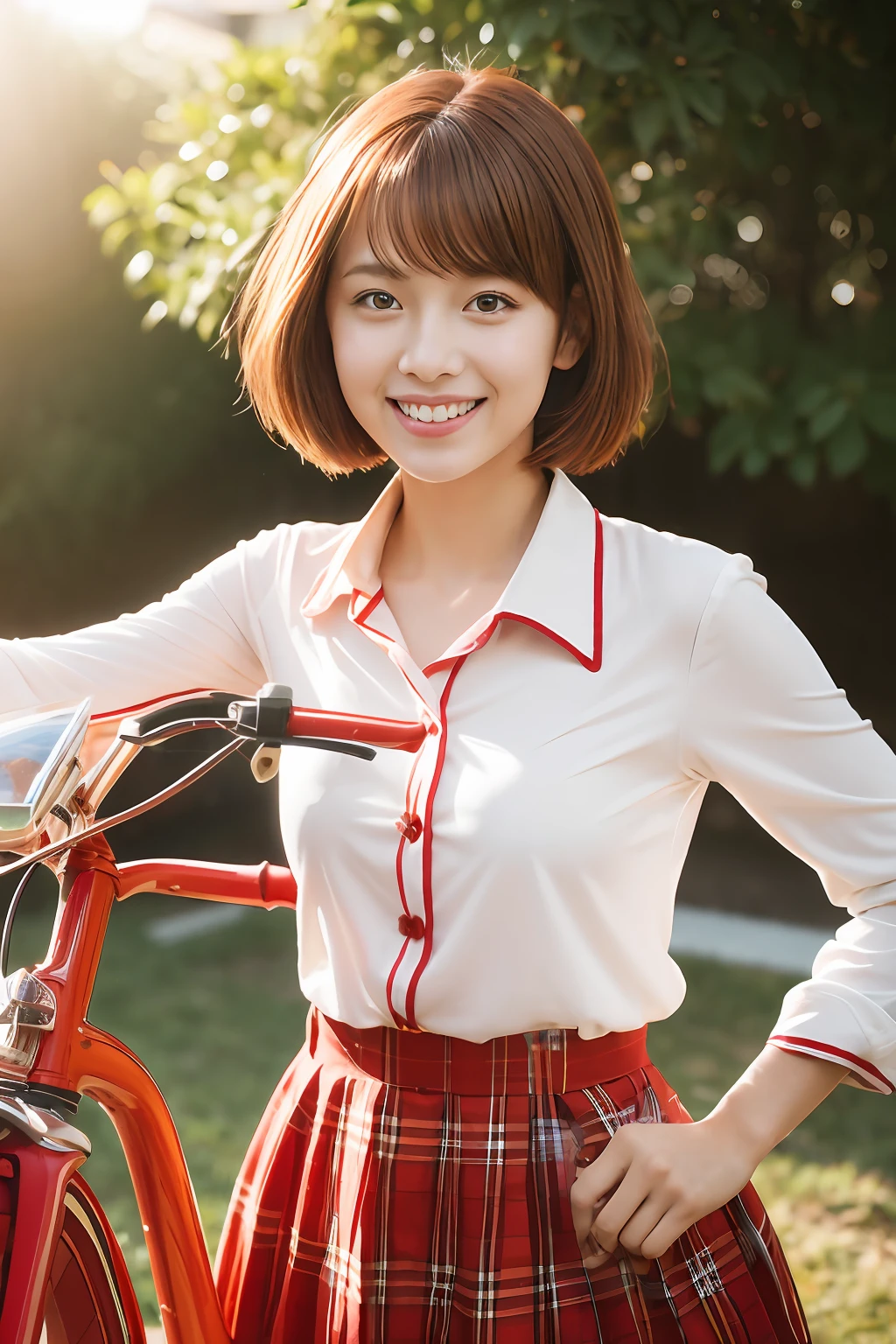 Ride a red bike down the hill,Japan Idol Girl,Cinematic,Sunlight,elegant girl ,big butts、Cheerful smile,student clothes、White blouse in open chest,Tartan checked skirt、( short hair of shiny reddish-brown color,,,,)gazing at viewer,Detailed hairstyles,Insanely detailed、masutepiece、