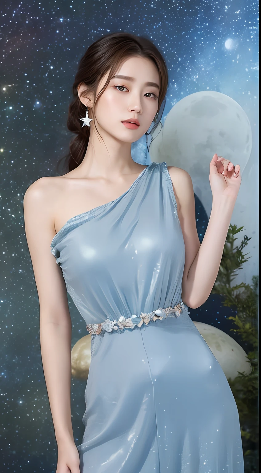 ((top-quality、8K、masterpiece:1.3))、1girl in、Slim Abs Beauty:1.3、(Hairstyle Casual、Colossal tits:1.2)、A woman with the image of an elegant moon、Standing in quiet beauty。Her hair is a pale shade、It shines softly in the light of the moon.。
Her eyes have a gentle glow、Her contemplative expression expresses her inner serenity。She wore a moon-inspired dress、In the hand I hold an accessory imitating a star。In the background, the silent night sky and the sky full of stars spread out、The beauty of the moon is depicted。
This masterpiece is painted in the highest quality、The elegant figure of a woman in the image of the moon、Beautifully expressed by pale colors and detailed design。