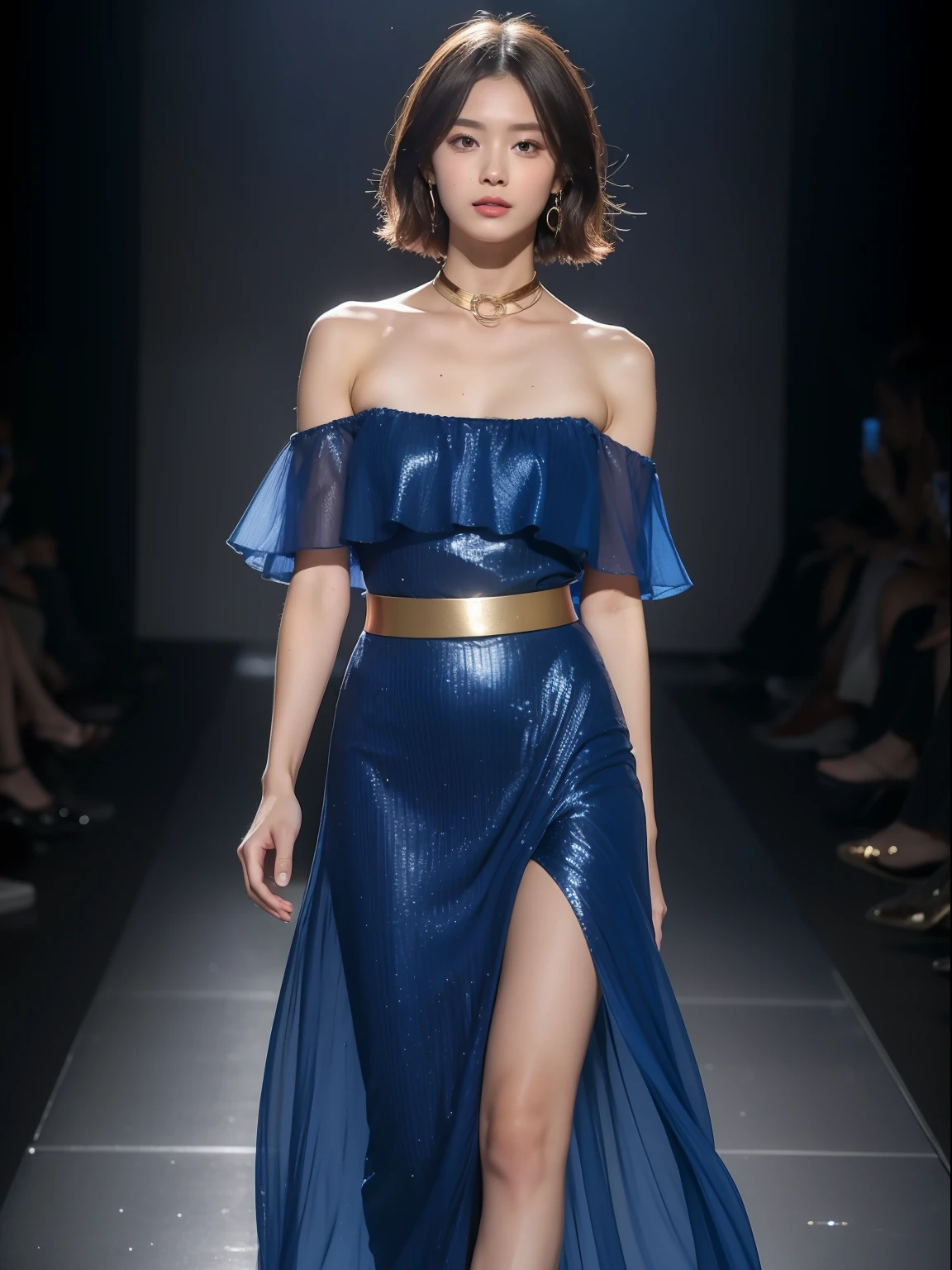 (Best quality, 8k, 32k, Masterpiece, UHD:1.2),Photo of Pretty Japanese woman, 1girl, (medium-short dark brown hair), double eyelid, fashion model, beautiful legs, unique maxi very wet blue dress with slit, off-shoulder, gold belt, choker, stand tall, runway, huge stage, Paris Collection, nsfw, full body, see through,,