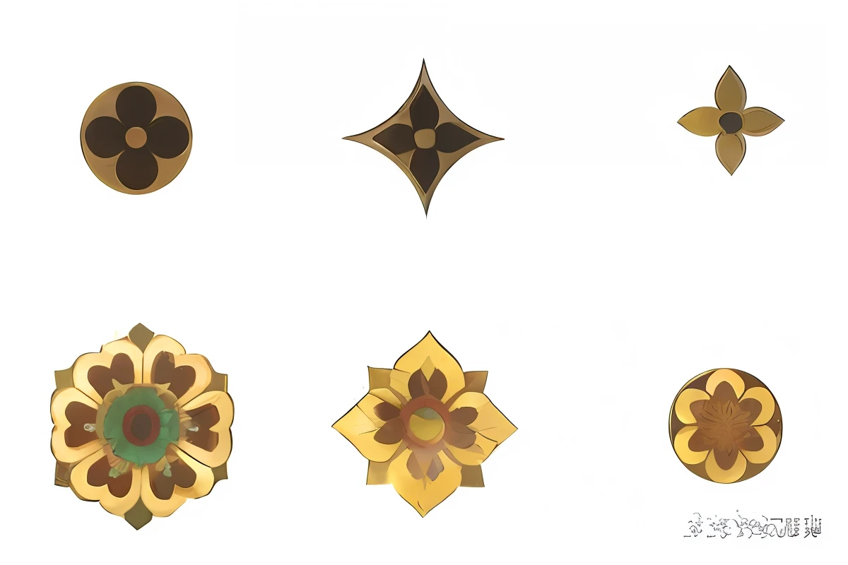 Close-up of a group of different designs on a white surface, flower power motifs, large motifs, golden inlays, glowing imperial motifs, Symmetrical ornaments, Decorative ornaments, flower pattern, Stylized geometric flowers, art deco motifs, decorated polished wood, flower ornament, gold inlay, detailed carved ornaments, kerala motifs