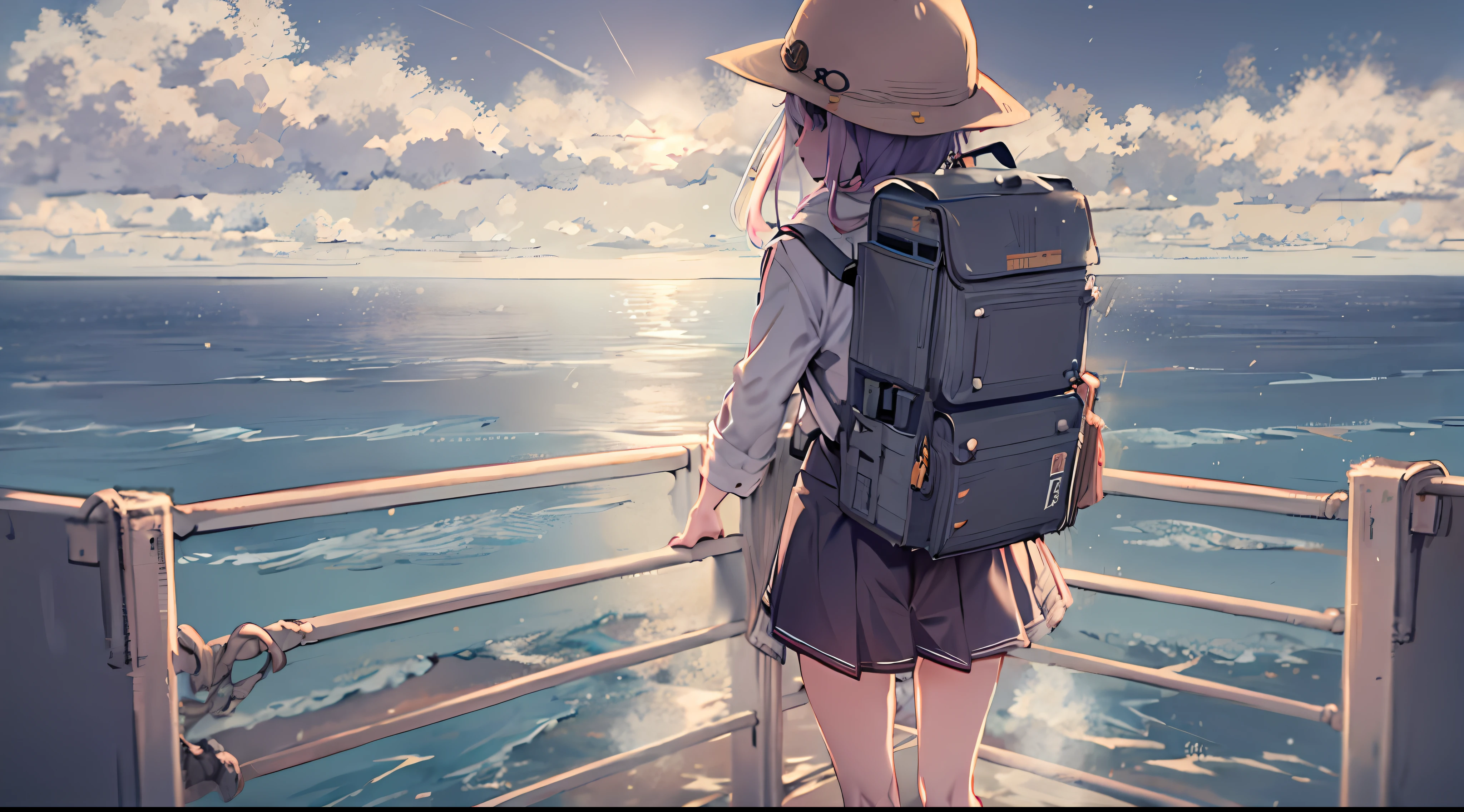 anime girl with backpack and hat on looking at the ocean, kantai collection style. by makoto shinkai, anime visual of a cute girl, anime! 4 k, anime! 4k, talking to a old captain of ship
