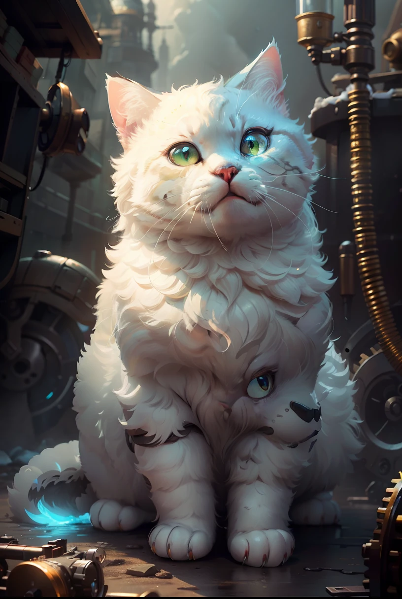 A cute chubby cat god in white gray and light yellow, with light and bright fur, Bright dark green pupils,close-up, Steampunk personification, Artstation illustrator, complicated details, sunny atmosphere, fresh, bright and warm light, face, full body portrait, dim light, illustration, ultra-high definition, 4K surreal, warm, cute, highly detailed, clear focus, professional, 8k ultra-high definition, film, drama, vivid, rendering, epic, dusk, HDR, album cover, Blizzard