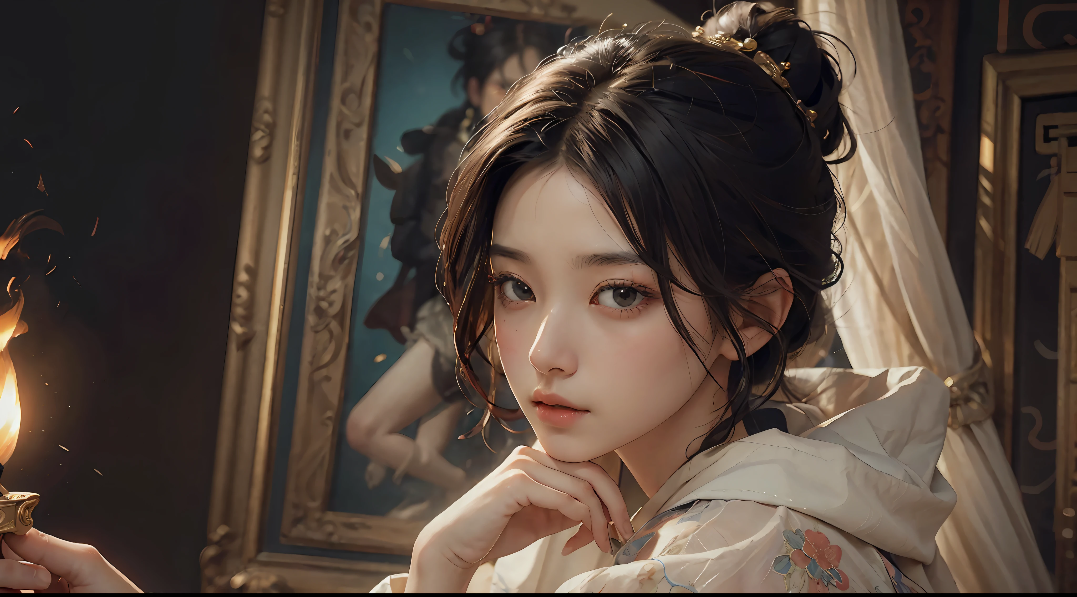 (RAW Photography、top-quality)、(realisitic、Photorealsitic:1.3)、top-quality、high-detail、masterpiece、ultra-detailliert、illustratio、1girl、((very_short_hair))、dynamic ungle、world masterpiece theater、messy_black_hair、top-quality、the Extremely Detailed CG Unity 8K Wallpapers、inky、magnifica、电影灯光、lens_flare、dunhuang_style