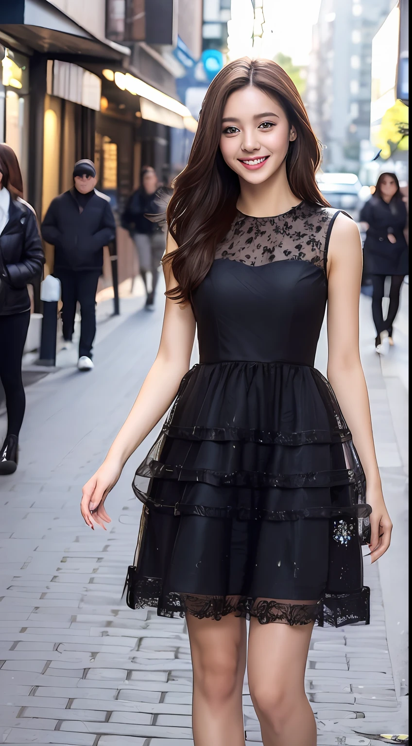 ((Best quality, 8k, Masterpiece :1.3)), 1girl, smiling, full body, slim face, Pretty woman, (Dark brown hair), full length dress :1.1, Ultra-detailed face, Detailed eyes, Double eyelid, blur background, slim face, city, outside, street,