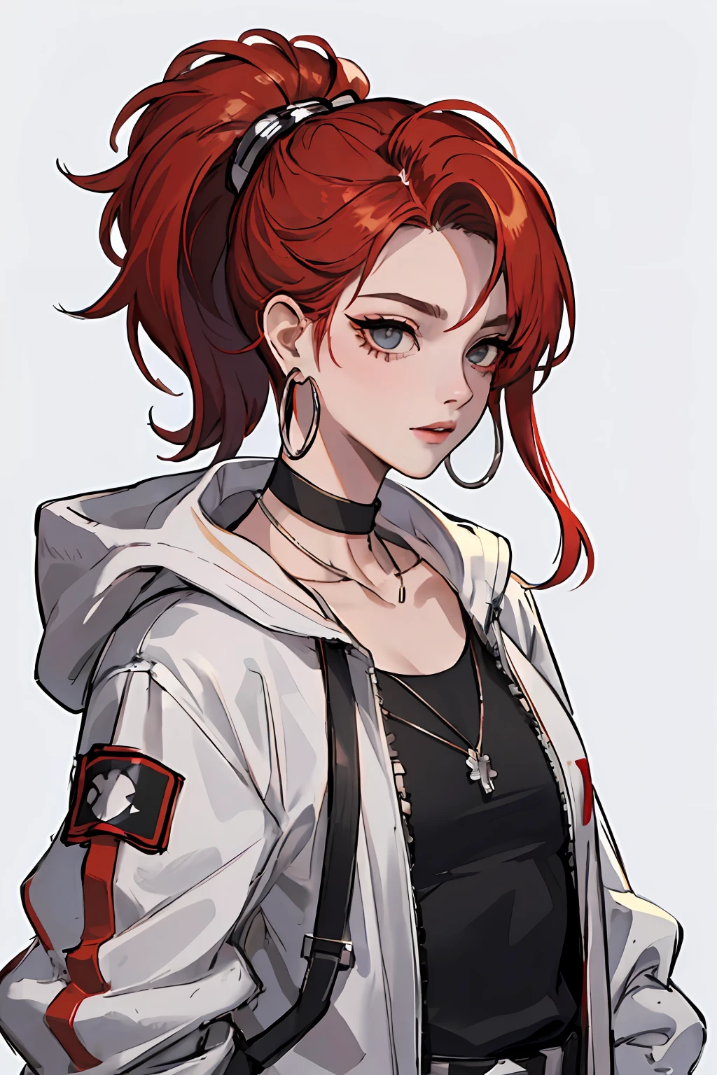 (masterpiece:1.2, 8k, best quality), (1lady, solo, upper body:1.2), Hair: red bob, Clothing: oversized, white cyberpunk jacket with patches and pins, paired with black skinny jeans and combat boots, Accessories: silver hoop earrings and a black choker necklace, gloves,