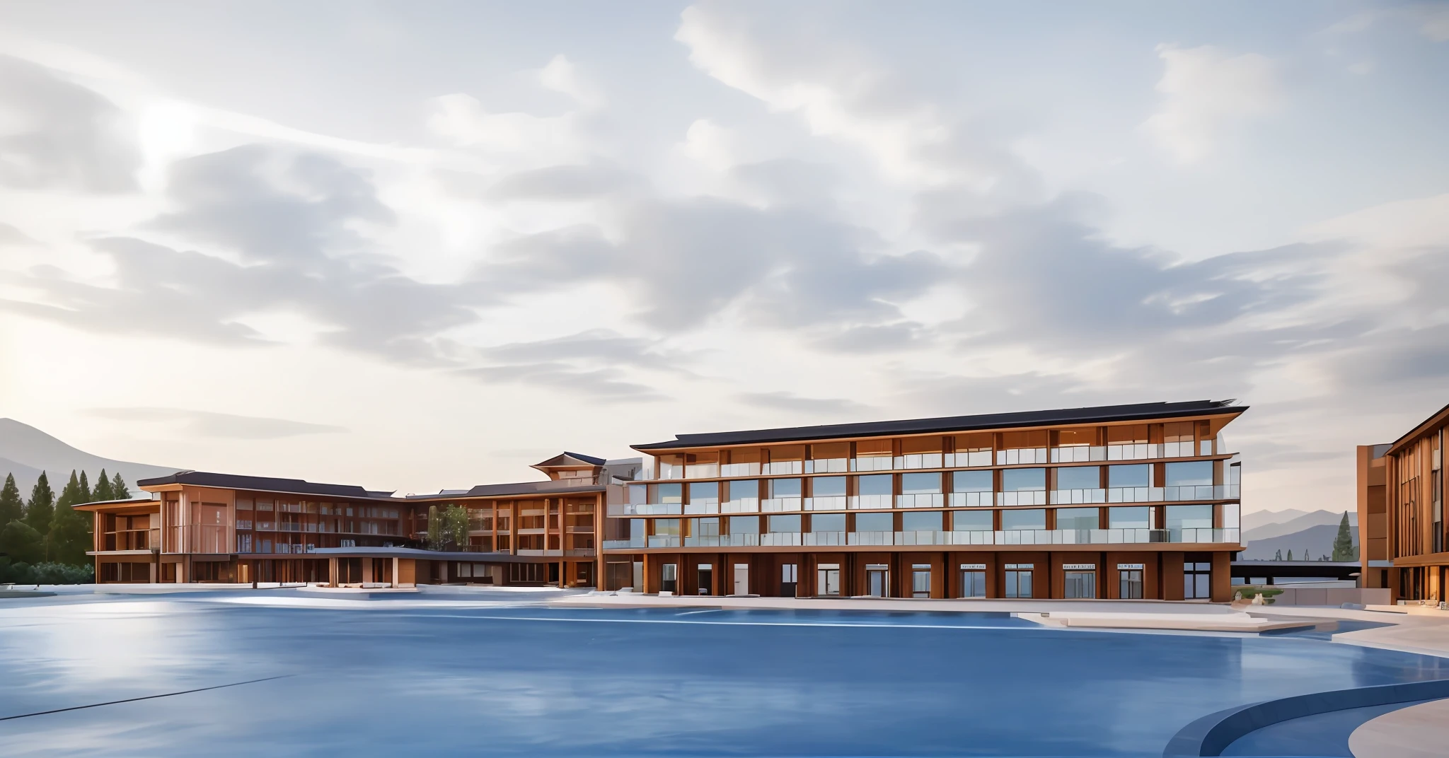 Lijiang,5 stars hotel,(tmasterpiece,Sunny weather,ssee-through,white colors,Very little wood,Translucent glass),Reflective glass,A fusion of modern and vernacular architecture,The roof has curves and warping angles,realistic cgi render,archviz,clear blue skies,There is no meadow on the building,Pool