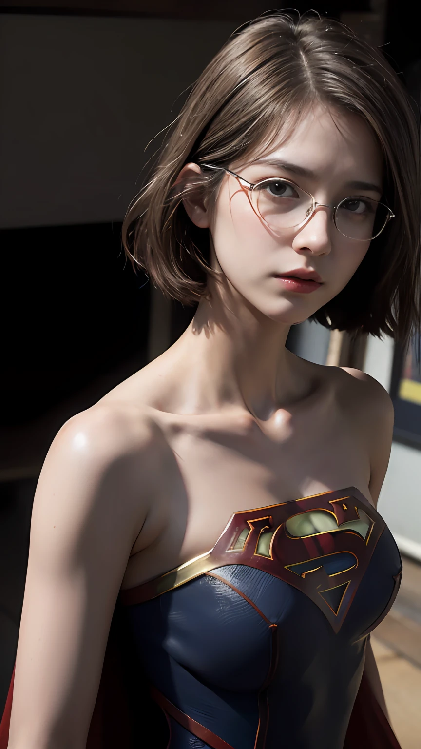 (((beauty in glasses, European appearance, in full height, in the artist's clothes))) ((((Sad, Sad)))), (((hair light, European Eye Shape))), Average Breasts, Short hair, Bob haircut, ((in the garage, Paints, Tassels, canvas, Unfinished paintings))), 8K, Best Quality, real picture, intricate details, Ultra-detailed, ultra highres, depth field, (Photorealistic, Realistic:1.2), Masterpiece, (supergirl), superhero, Best Quality, Realistic, Photorealistic, (intricate details:1.2), (delicate detailed), (cinematiclight), sharp-focus, realistic face, Detailed Face, wallpapers
