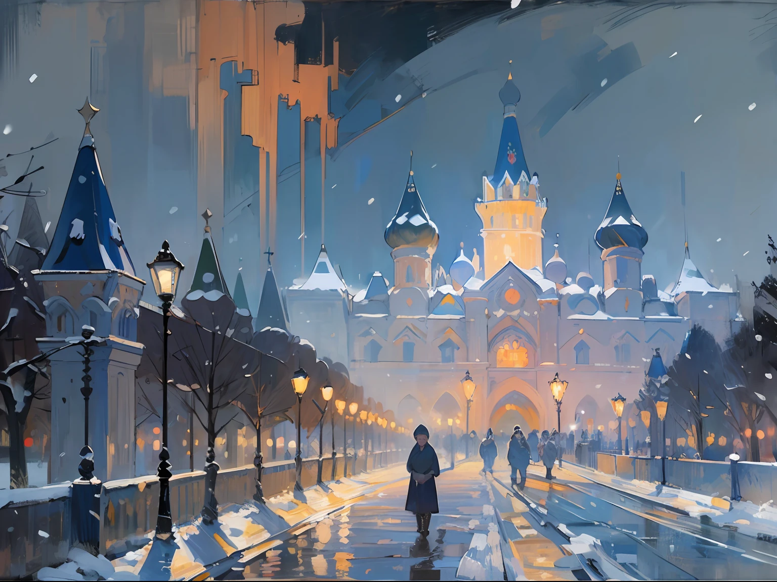 ((palace)), columns, night time, Evening, Lights, ((Russia)), ((19th century)), carriage, snowing, winter, (Renoir), (many), (oil painting), (Sketch)