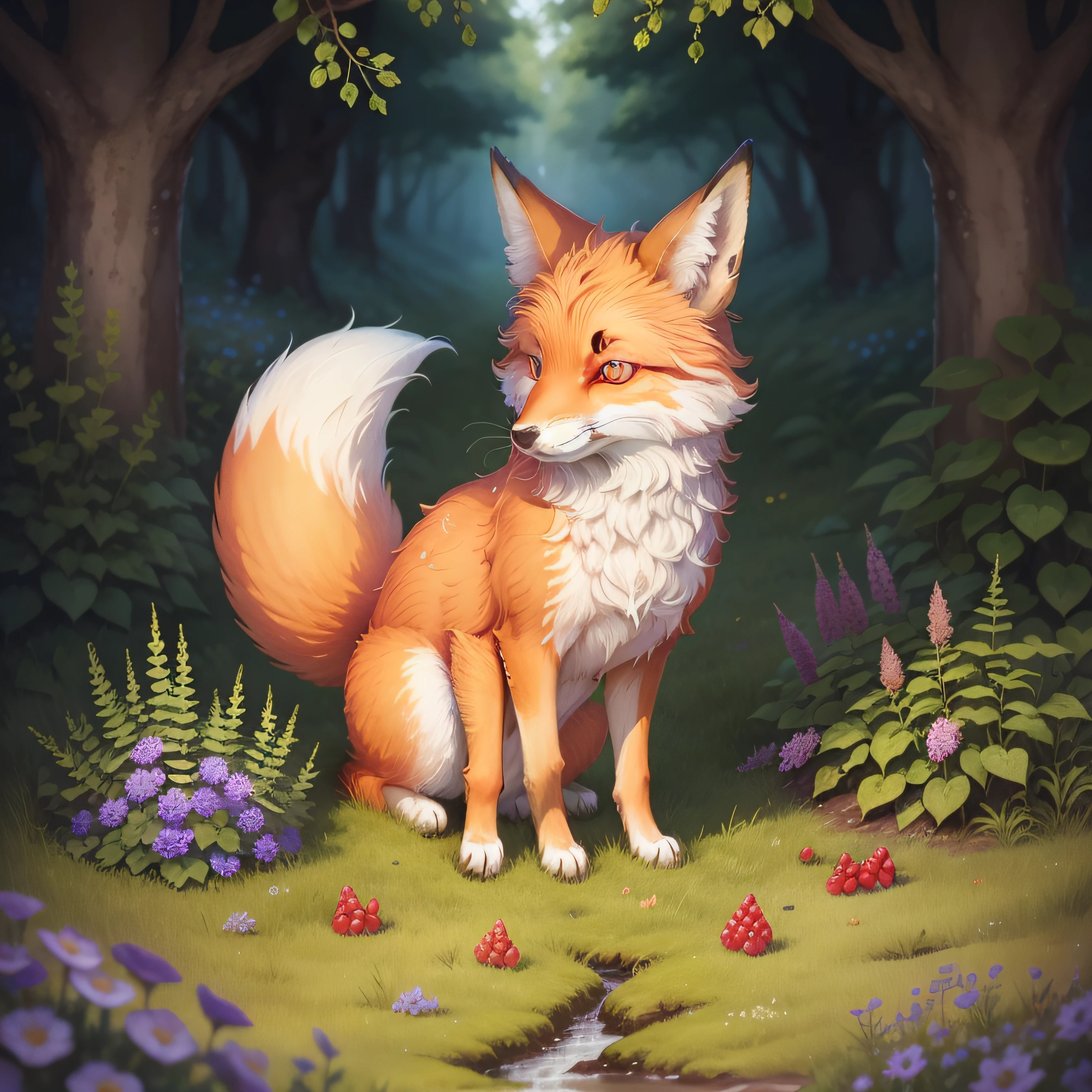 Everyone loves the fox, wet watercolor illustration, acrylic, adorable fox with fluffy fur, watercolor paper texture, raspberries, grapes, blackberries, currants, flowers, flowering herbs, wild herbs, thistle, delphinium, juniper, vine, moss , stones with moss, forest paths in the grass, wild nature beauty purity sincerity cuteness fabulous illustrators
